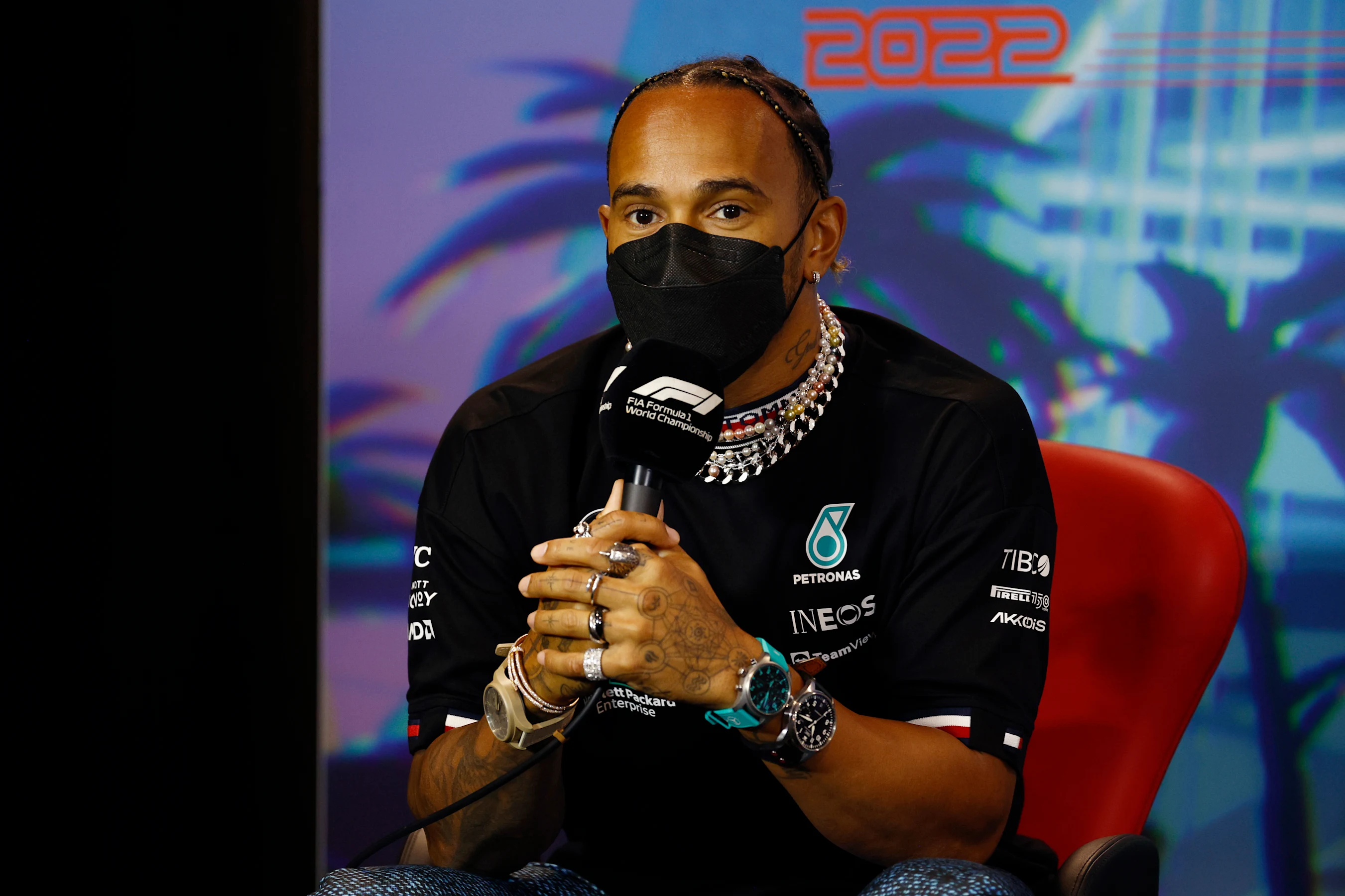 MIAMI, FLORIDA - MAY 06: Lewis Hamilton of Great Britain and Mercedes talks in the Drivers Press