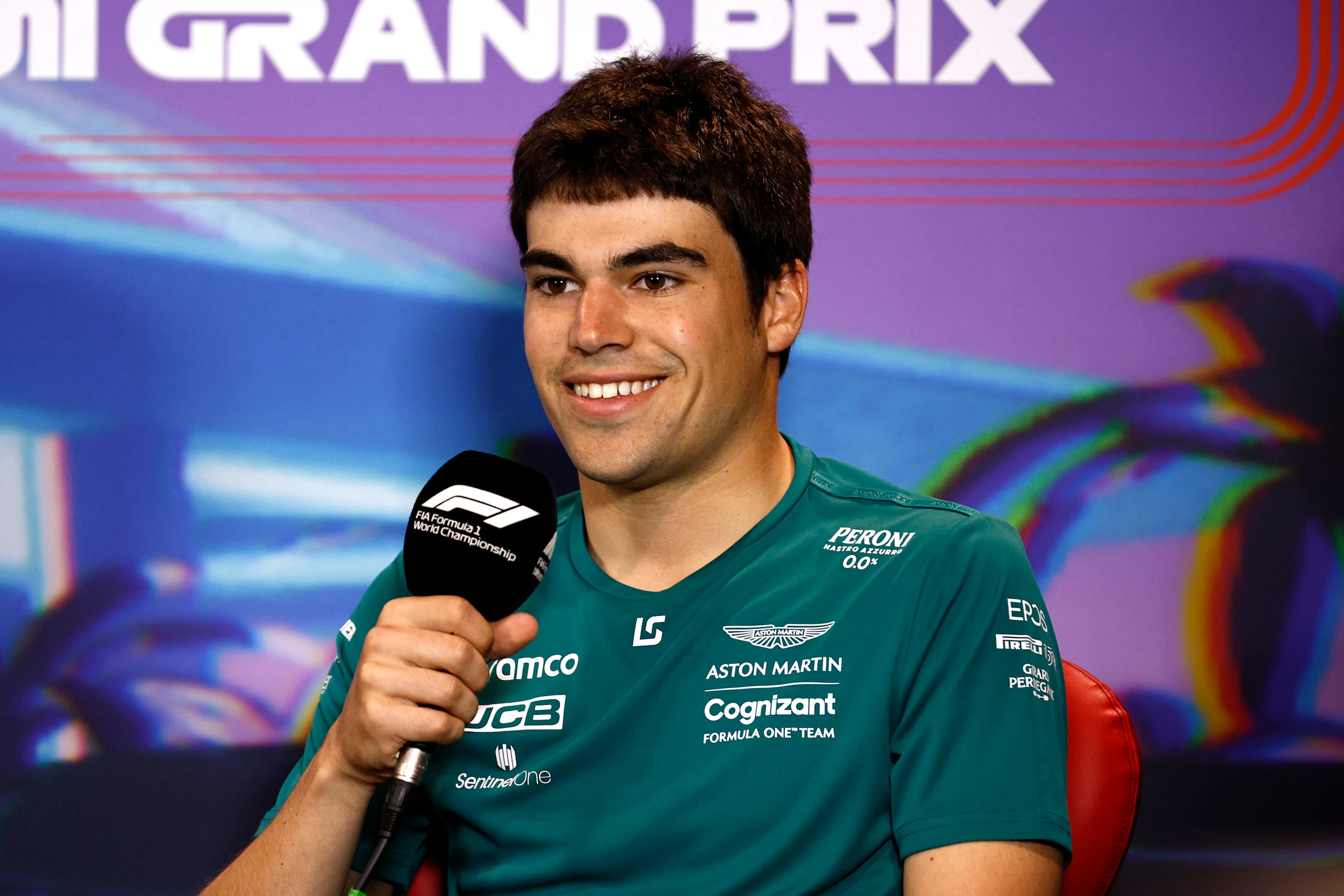MIAMI, FLORIDA - MAY 06: Lance Stroll of Canada and Aston Martin F1 Team talks in the Drivers Press
