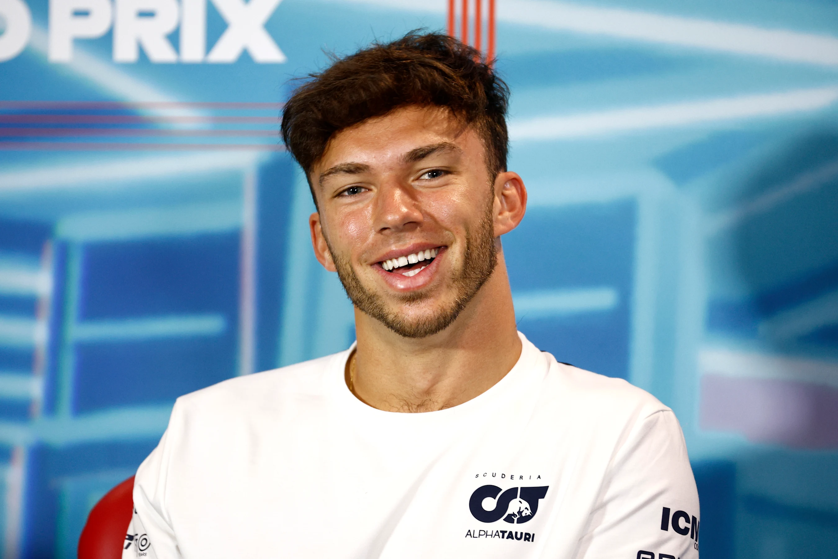 MIAMI, FLORIDA - MAY 06: Pierre Gasly of France and Scuderia AlphaTauri talks in the Drivers Press