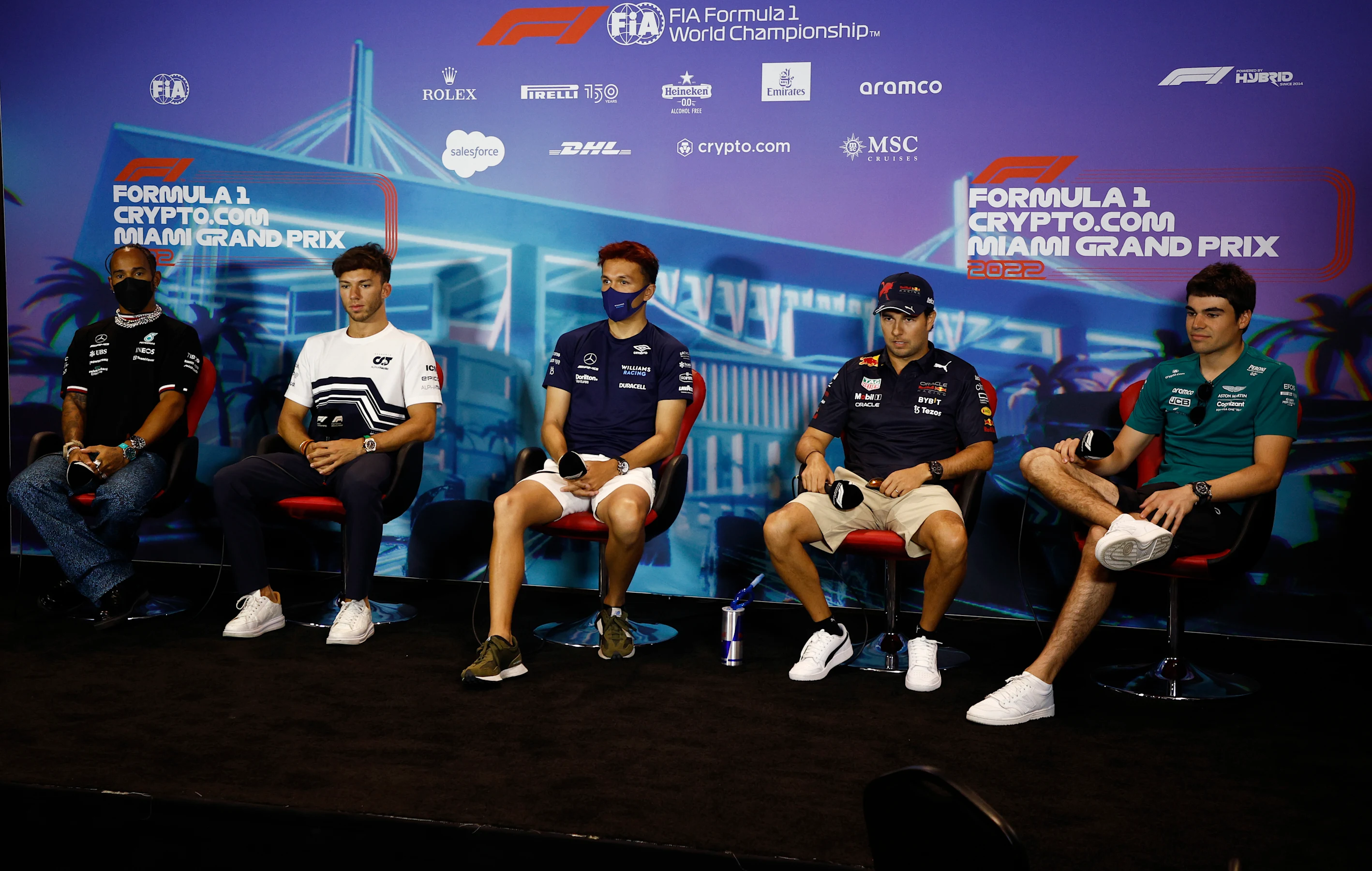 MIAMI, FLORIDA - MAY 06: (L-R) Lewis Hamilton of Great Britain and Mercedes, Pierre Gasly of France