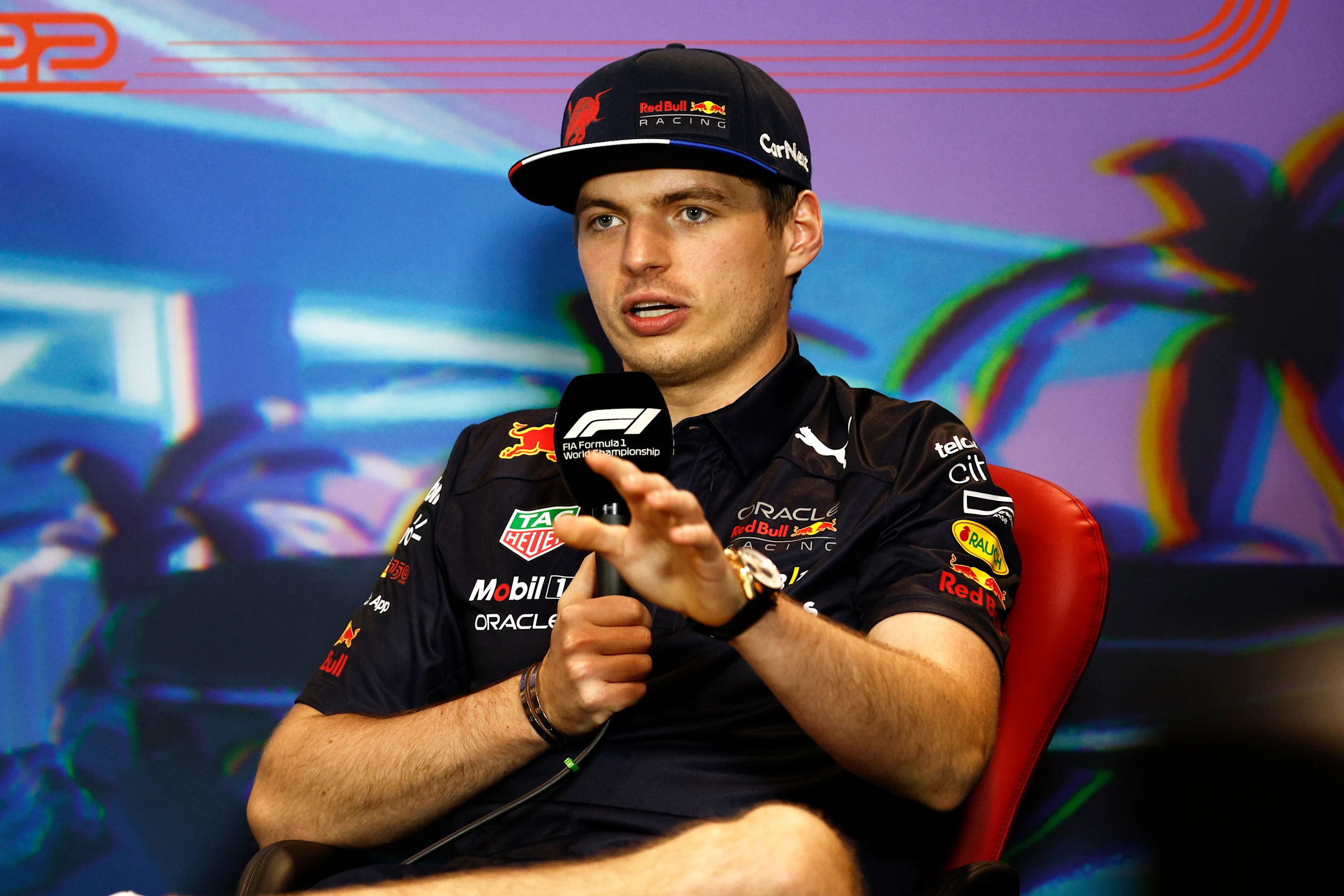 MIAMI, FLORIDA - MAY 06: Max Verstappen of the Netherlands and Oracle Red Bull Racing talks in the