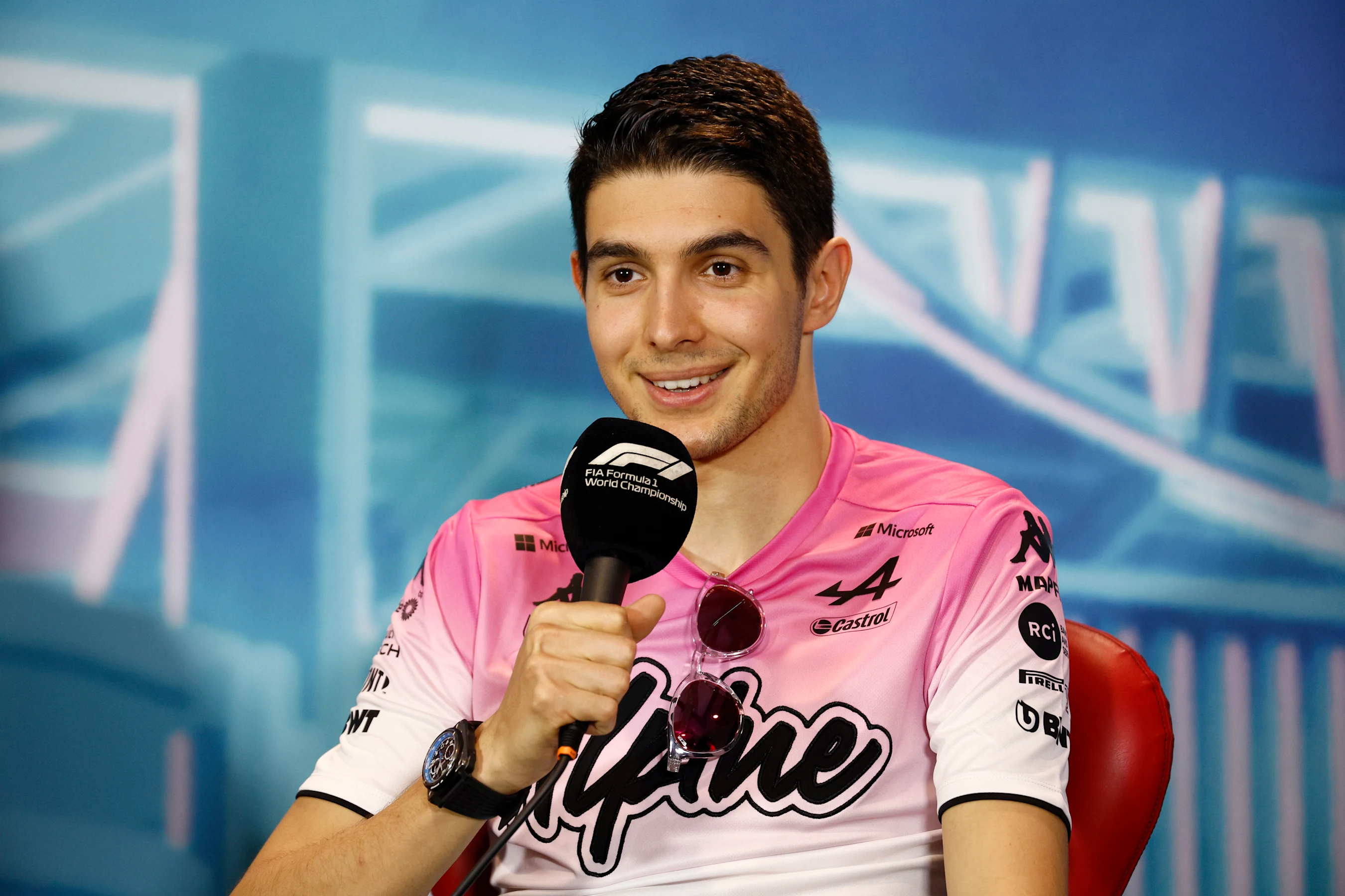 MIAMI, FLORIDA - MAY 06: Esteban Ocon of France and Alpine F1 talks in the Drivers Press Conference