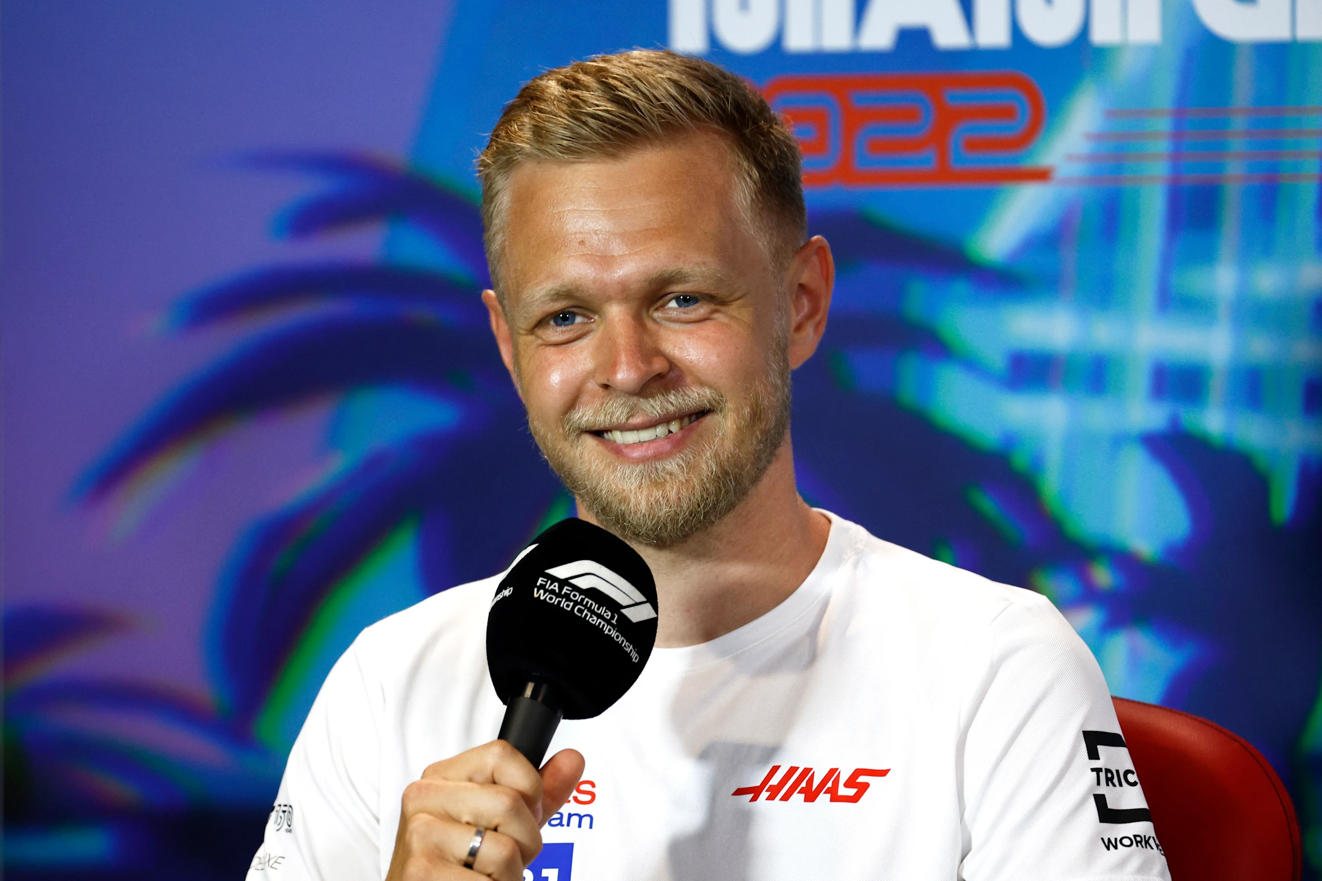MIAMI, FLORIDA - MAY 06: Kevin Magnussen of Denmark and Haas F1 talks in the Drivers Press