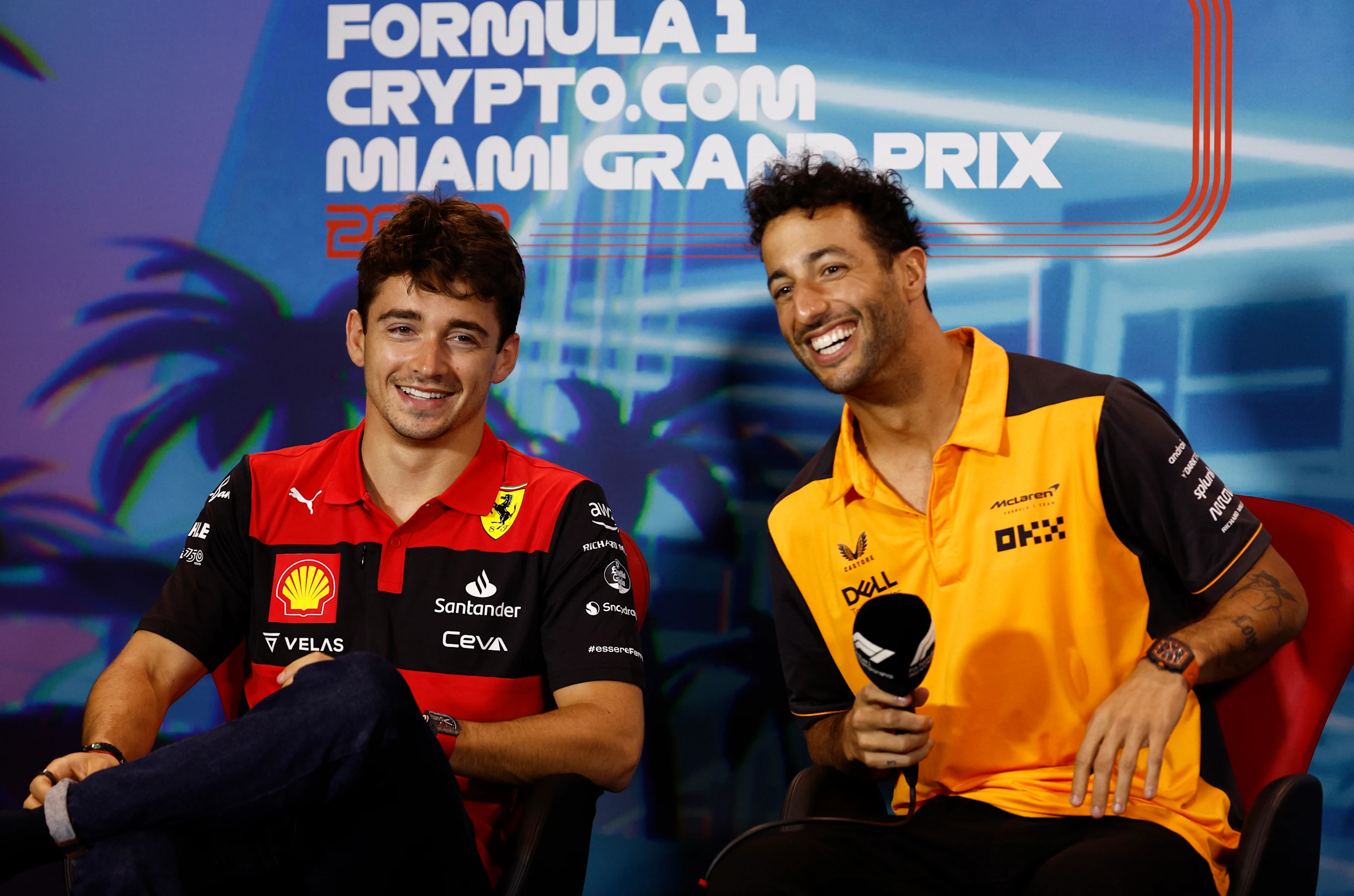 MIAMI, FLORIDA - MAY 06: Charles Leclerc of Monaco and Ferrari and Daniel Ricciardo of Australia
