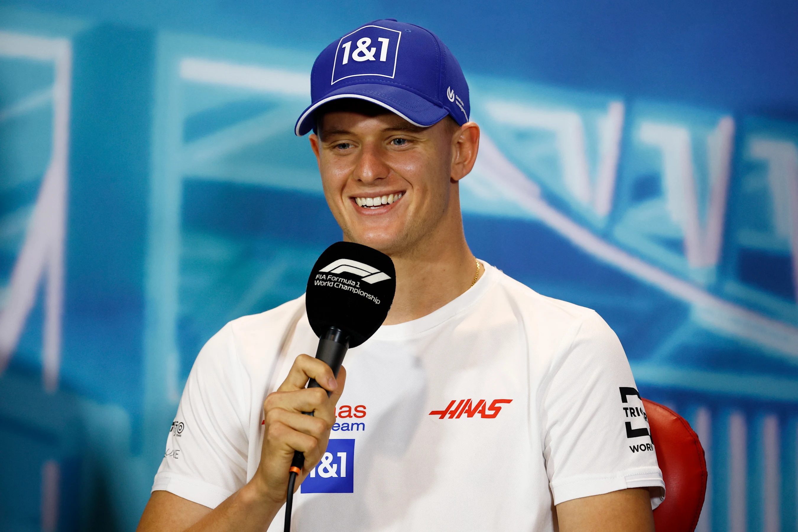 MIAMI, FLORIDA - MAY 06: Mick Schumacher of Germany and Haas F1 talks in the Drivers Press
