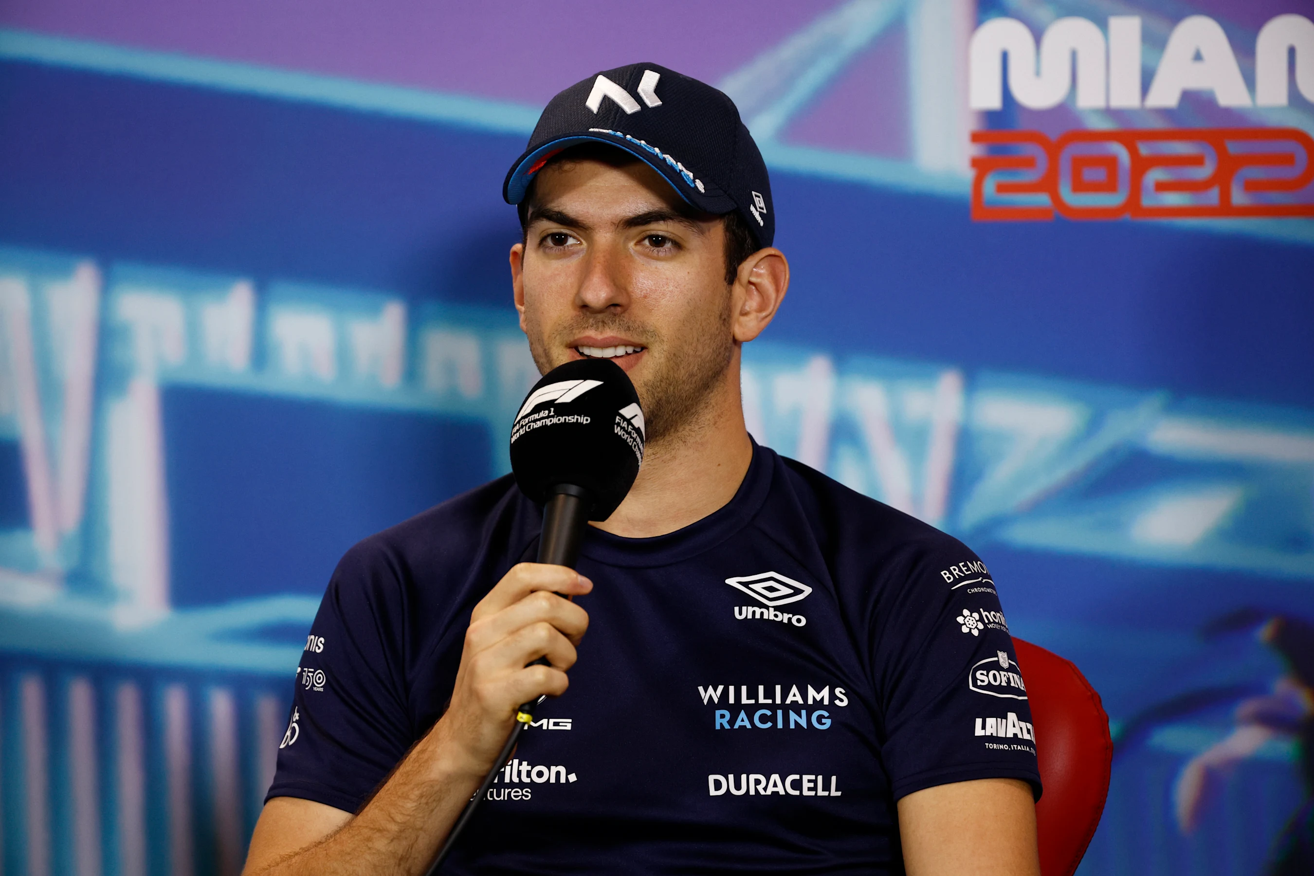 MIAMI, FLORIDA - MAY 06: Nicholas Latifi of Canada and Williams talks in the Drivers Press