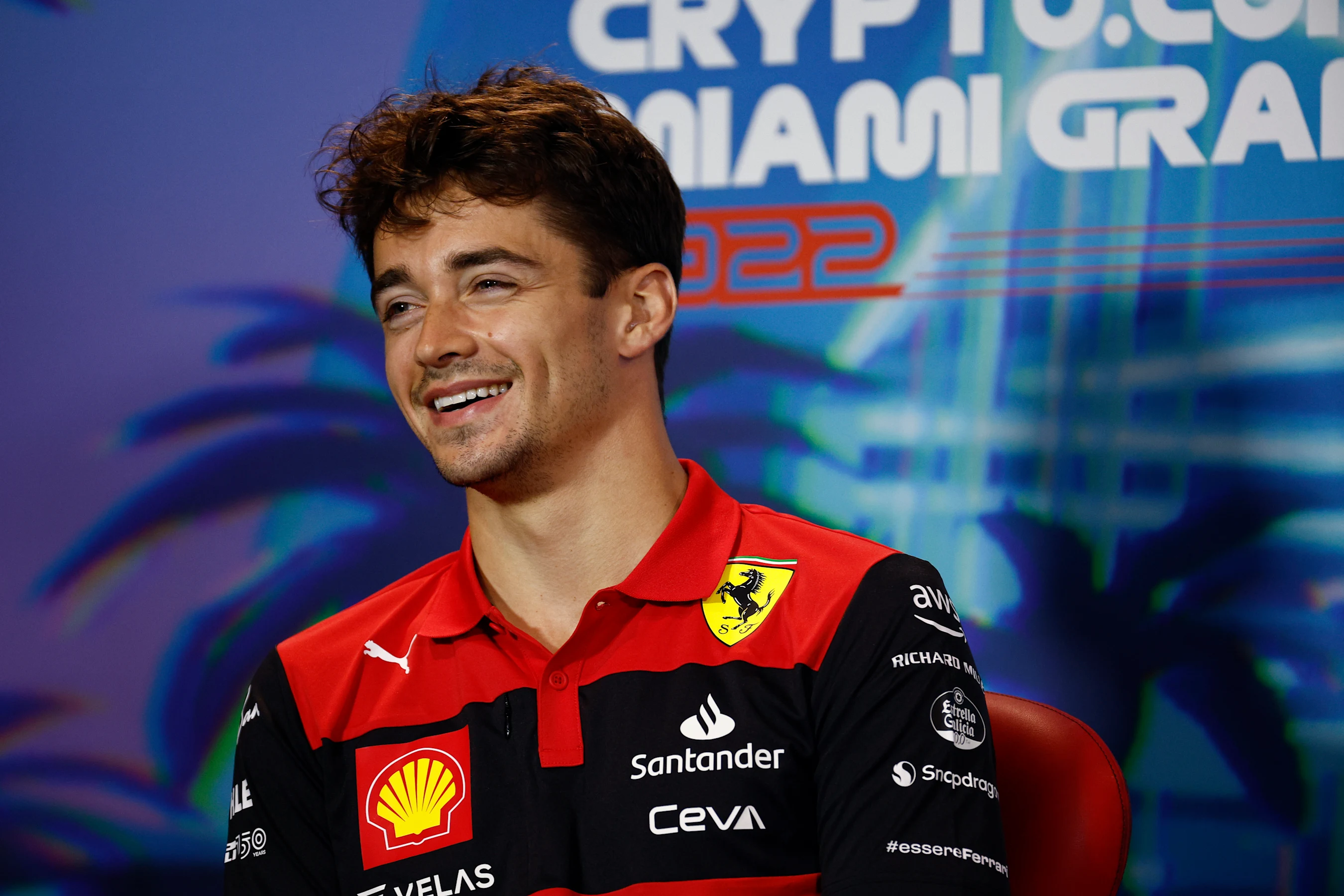 MIAMI, FLORIDA - MAY 06: Charles Leclerc of Monaco and Ferrari talks in the Drivers Press