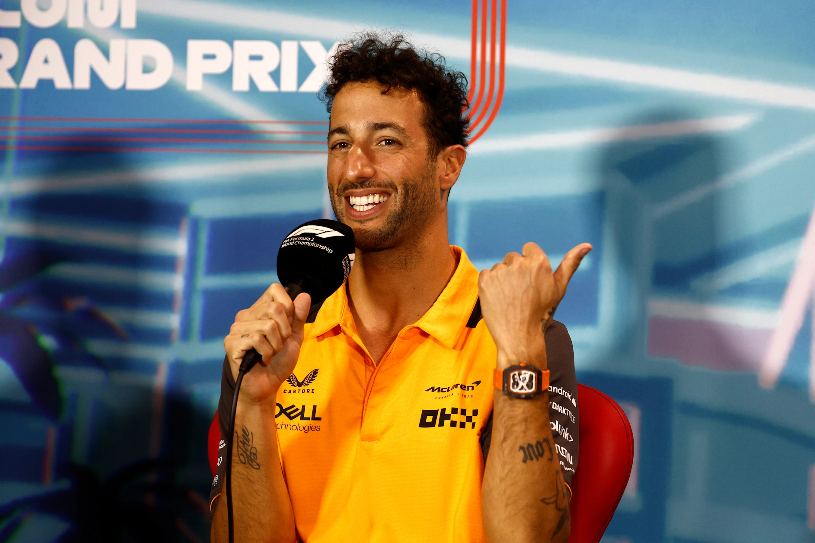 MIAMI, FLORIDA - MAY 06: Daniel Ricciardo of Australia and McLaren talks in the Drivers Press