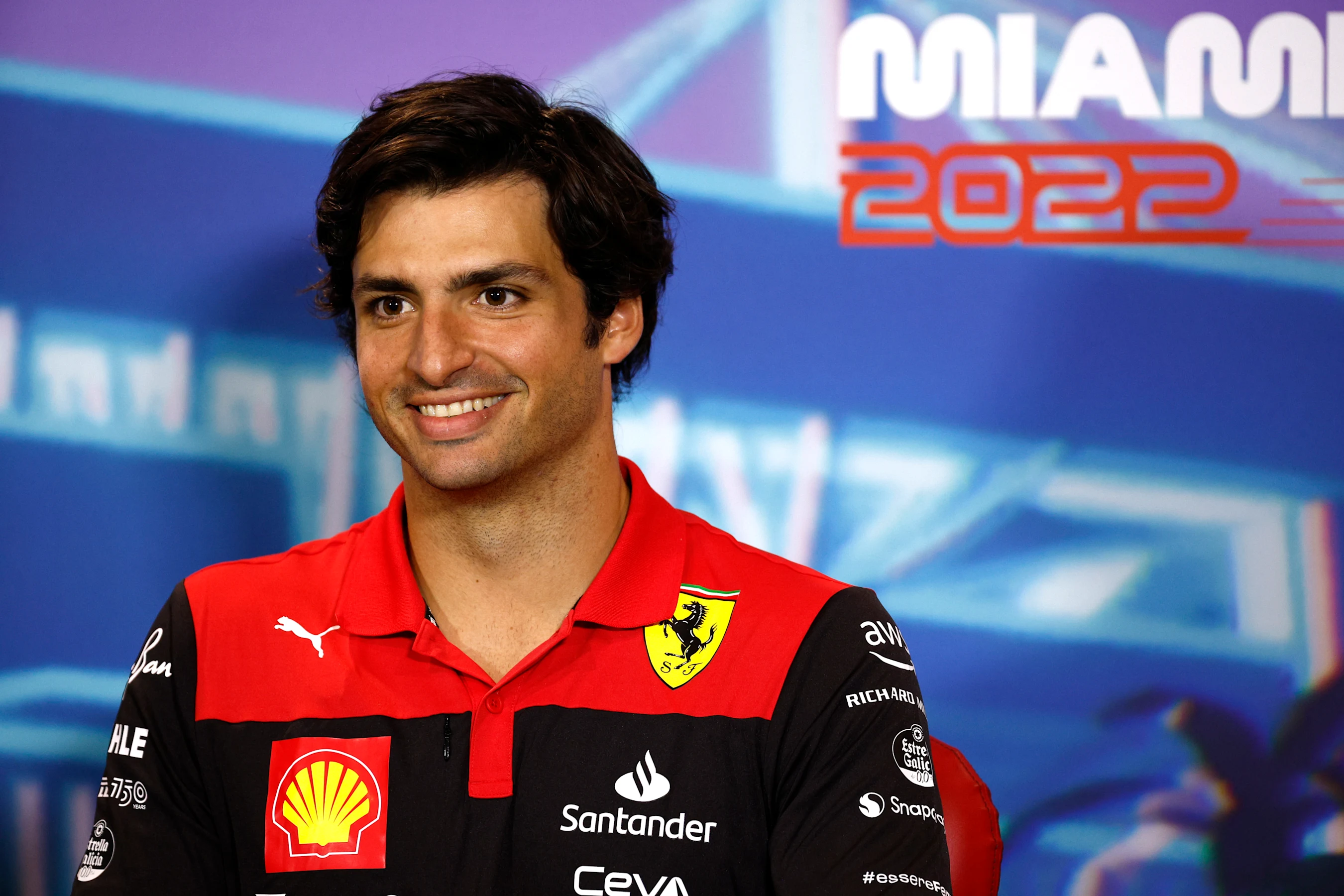 MIAMI, FLORIDA - MAY 06: Carlos Sainz of Spain and Ferrari talks in the Drivers Press Conference