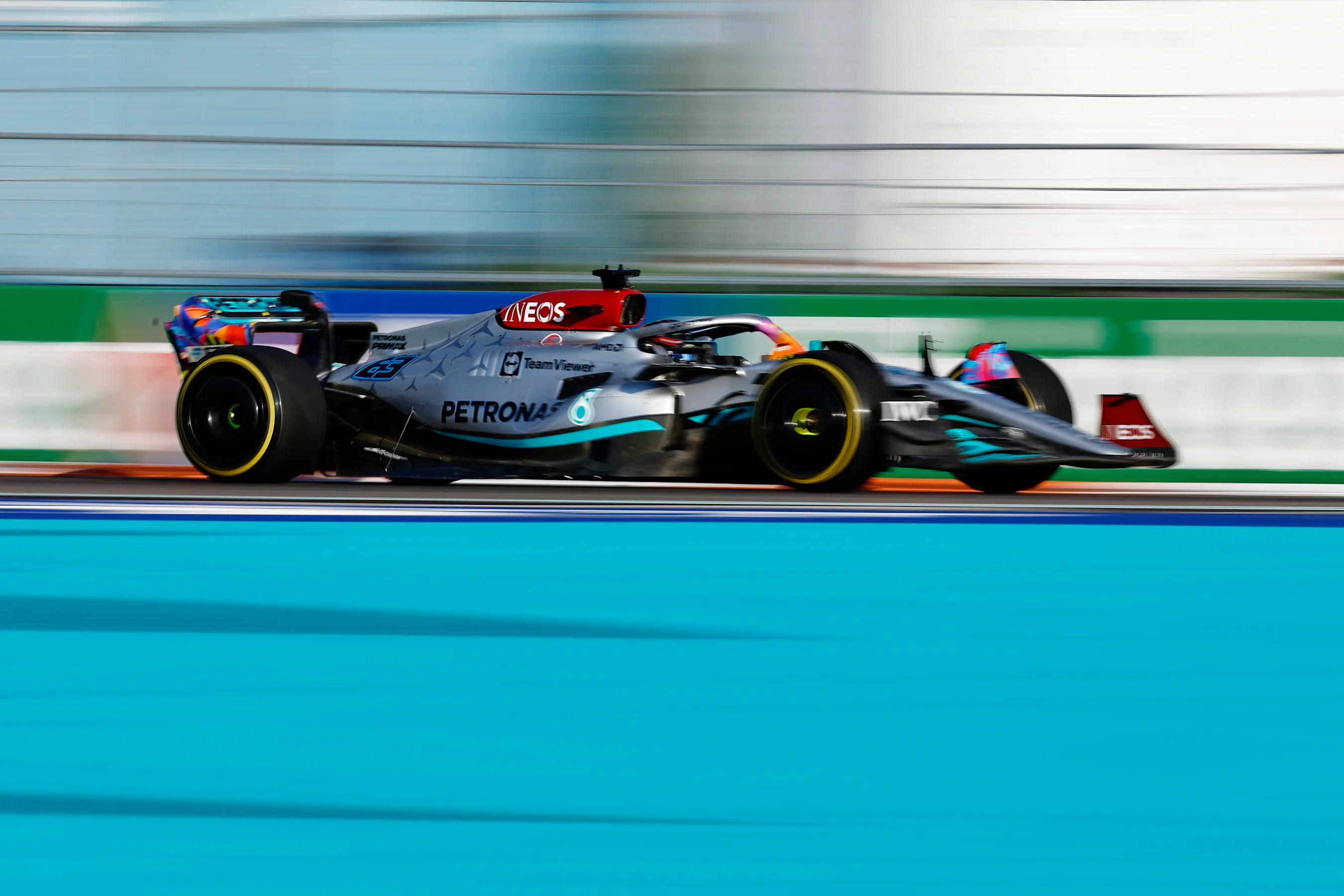 MIAMI, FLORIDA - MAY 06: George Russell of Great Britain driving the (63) Mercedes AMG Petronas F1