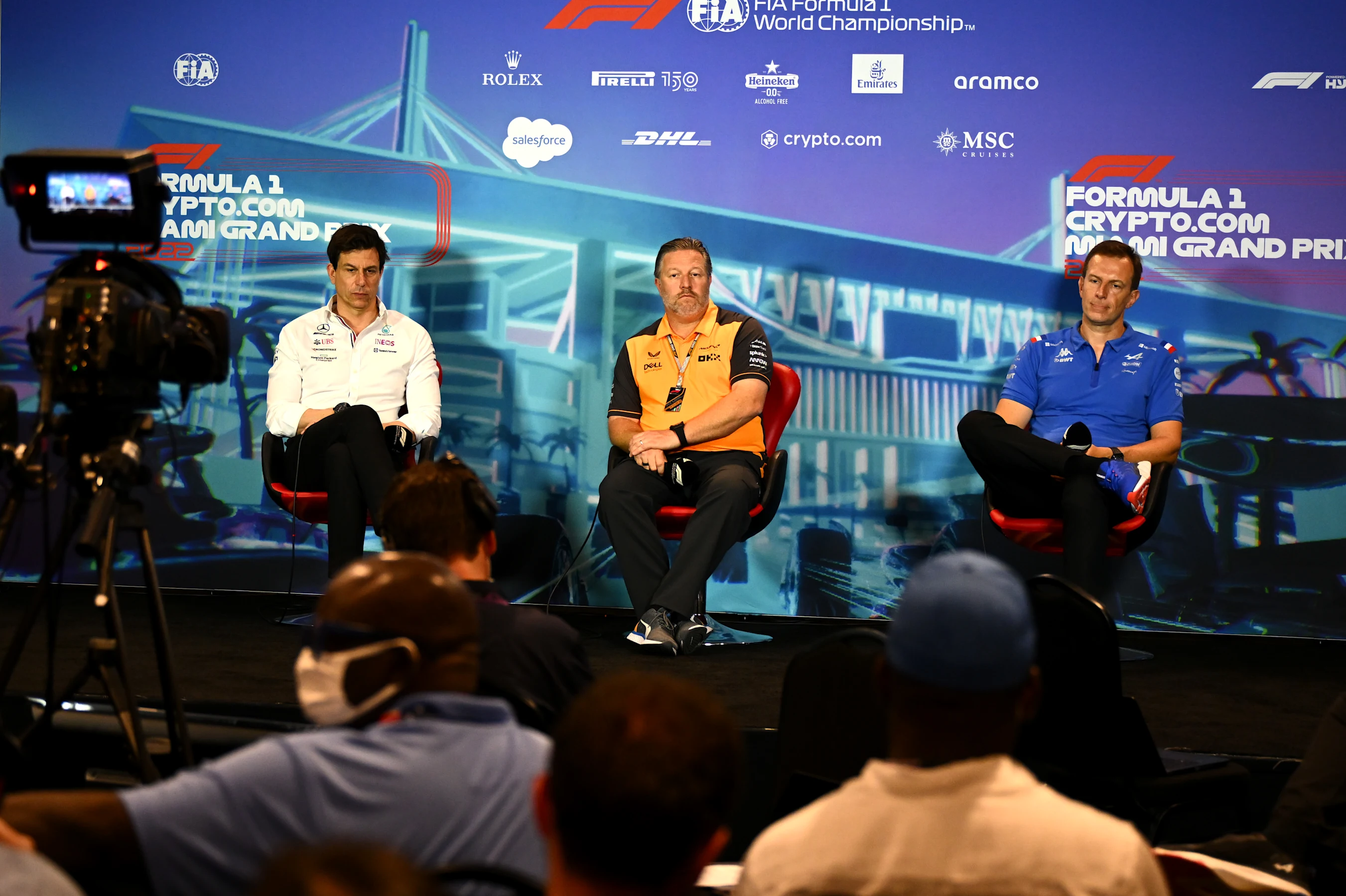 MIAMI, FLORIDA - MAY 07: (L-R) Mercedes GP Executive Director Toto Wolff, McLaren Chief Executive