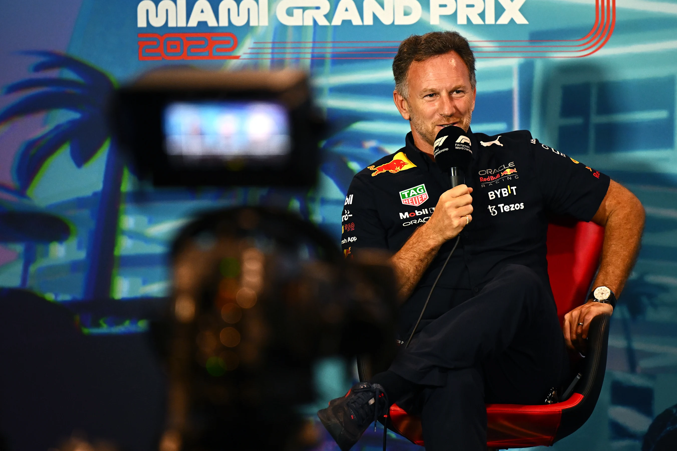 MIAMI, FLORIDA - MAY 07: Red Bull Racing Team Principal Christian Horner talks in the Team
