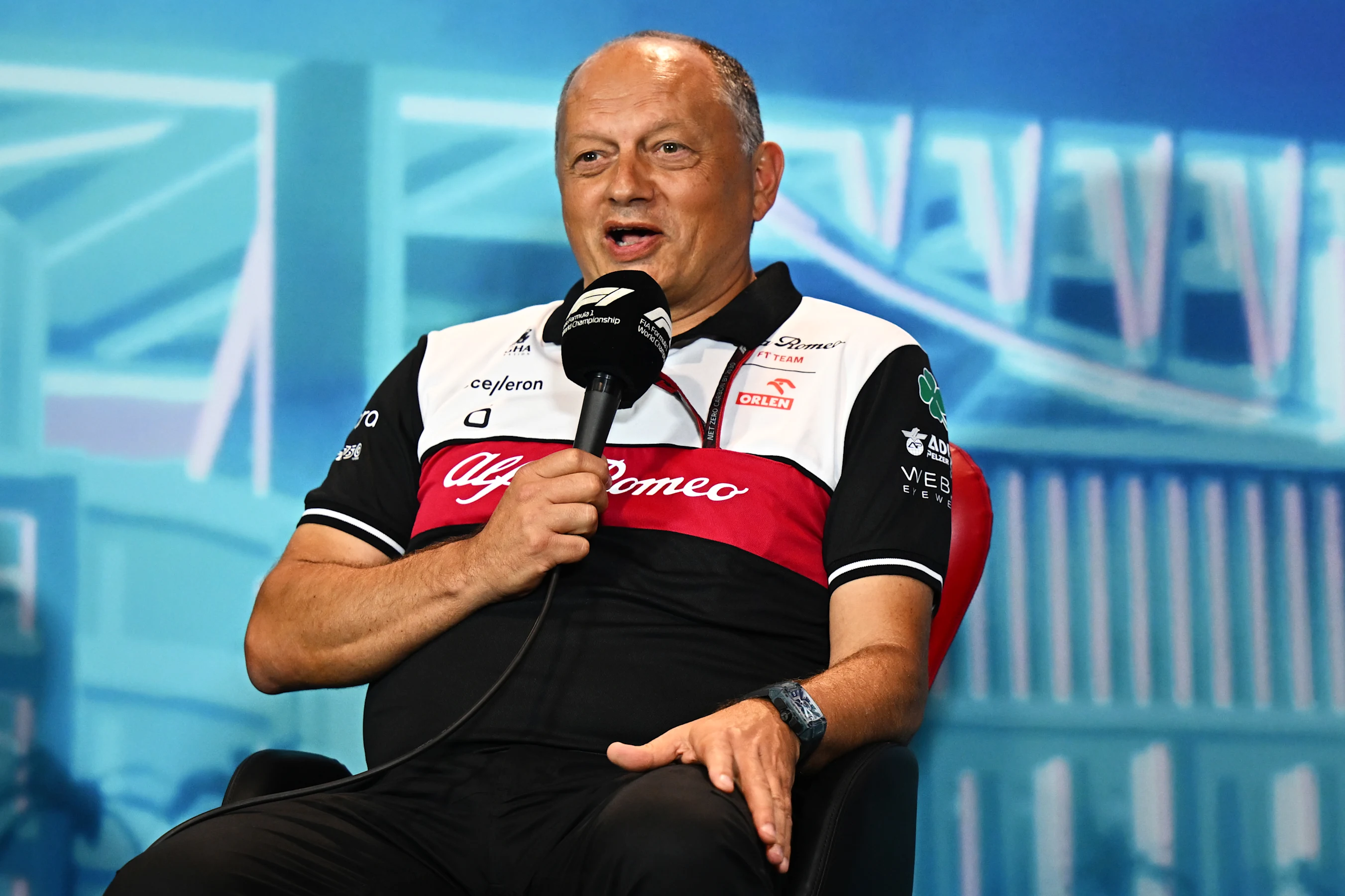 MIAMI, FLORIDA - MAY 07: Alfa Romeo Racing Team Principal Frederic Vasseur talks in the Team