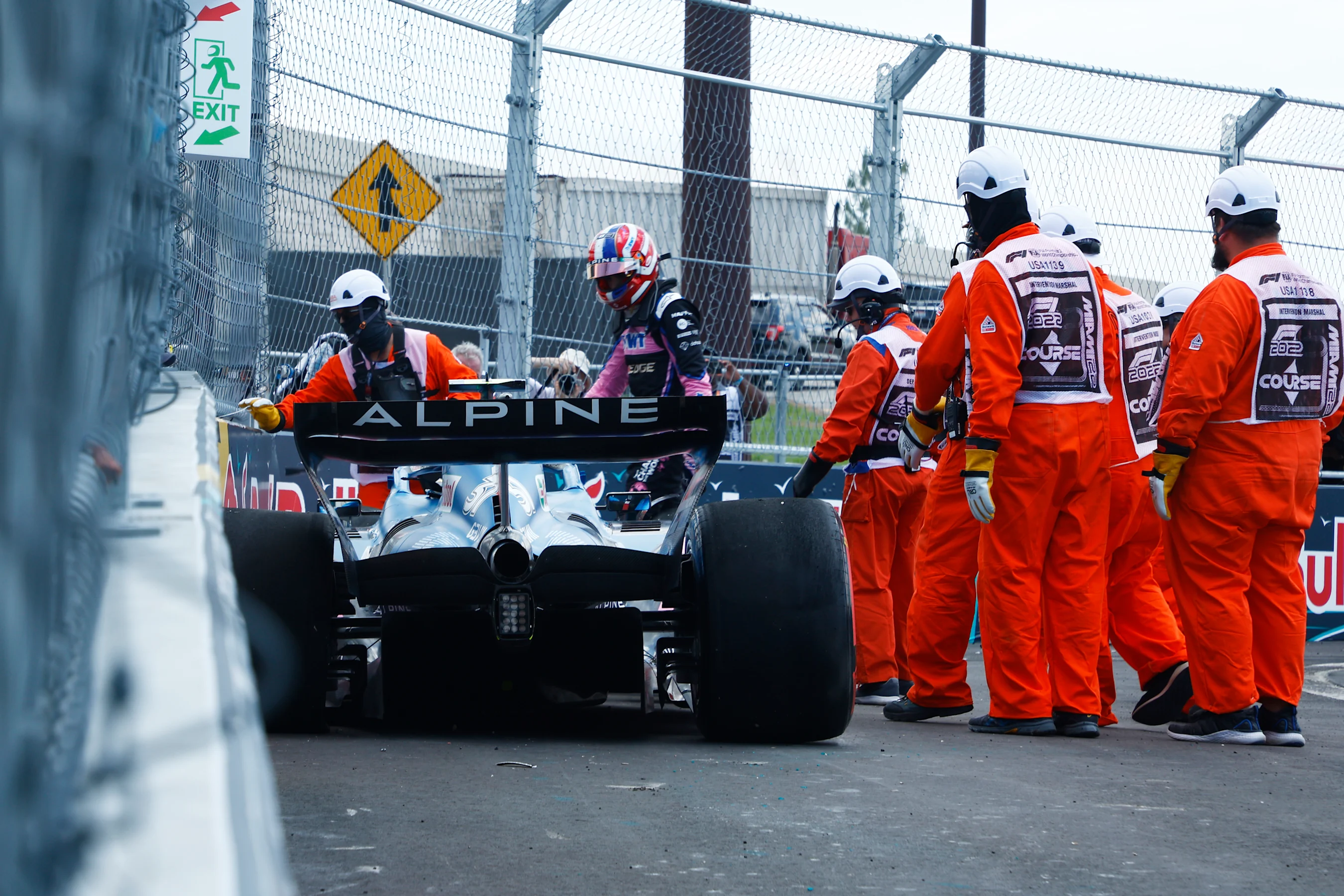 MIAMI, FLORIDA - MAY 07: Esteban Ocon of France and Alpine F1 walks from his car after a crash