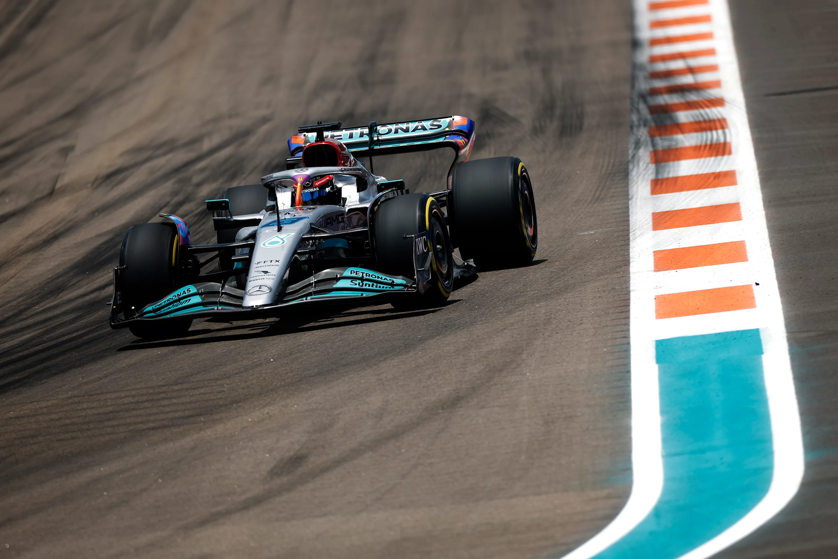MIAMI, FLORIDA - MAY 07: George Russell of Great Britain driving the (63) Mercedes AMG Petronas F1
