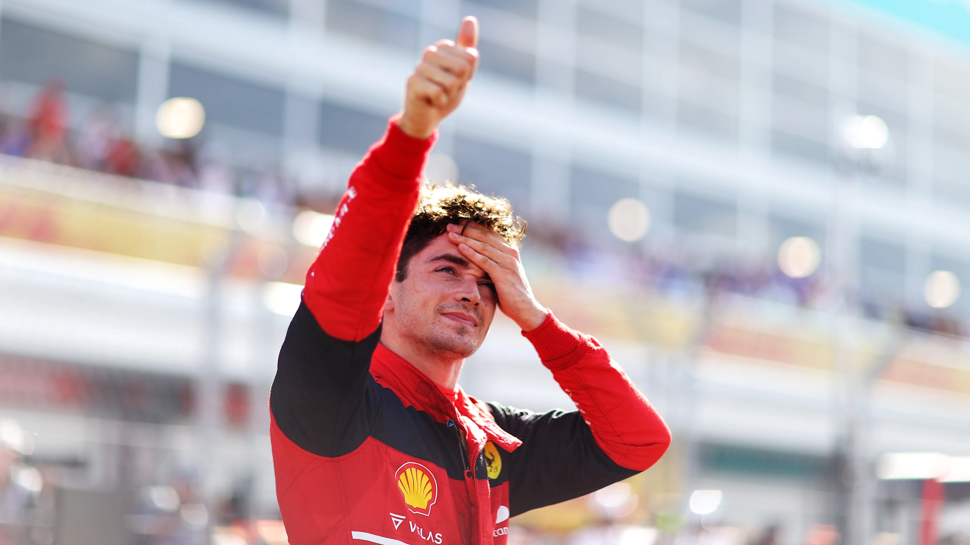 MIAMI, FLORIDA - MAY 07: Pole position qualifier Charles Leclerc of Monaco and Ferrari celebrates