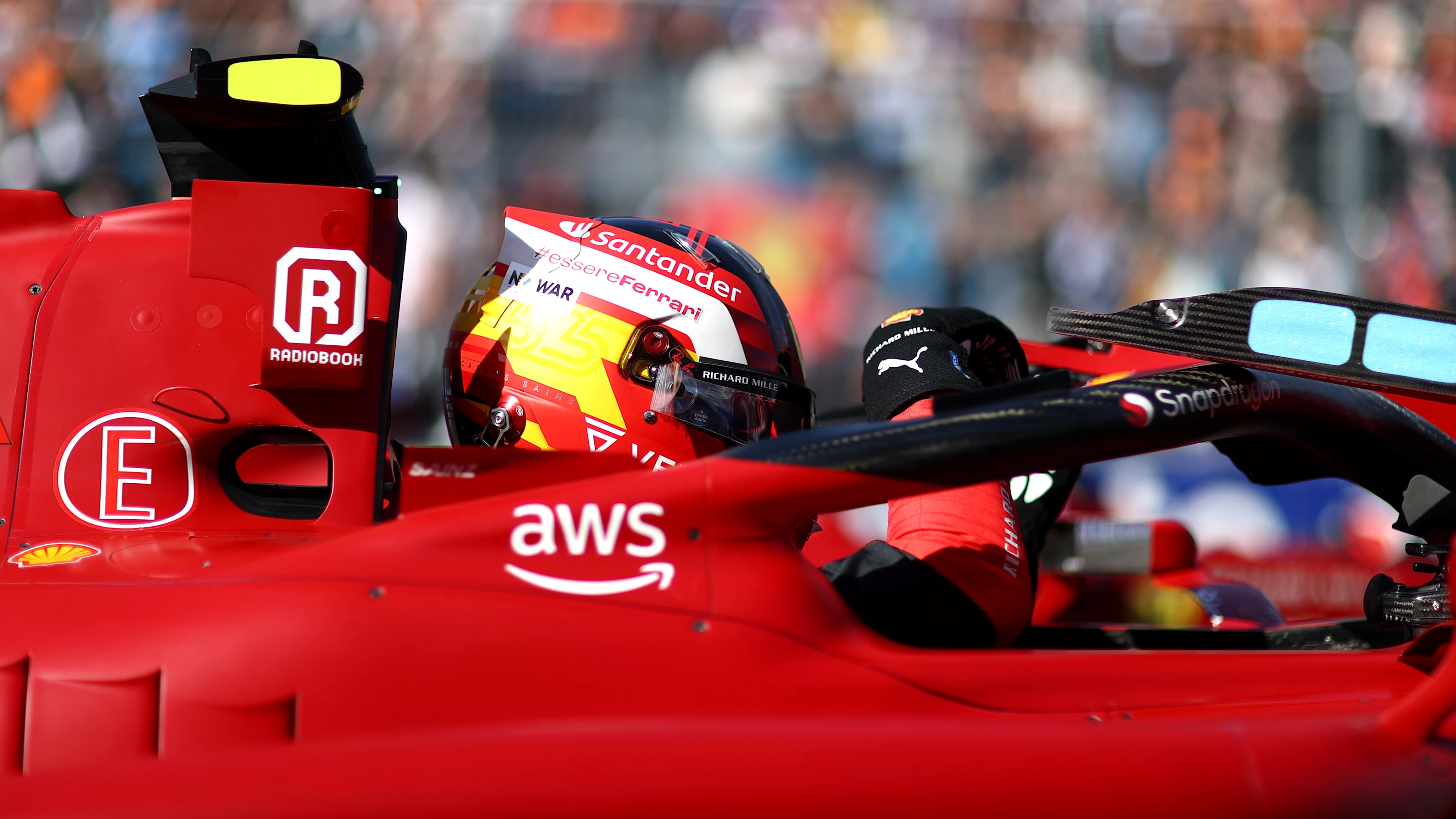 MIAMI, FLORIDA - MAY 07: Second placed qualifier Carlos Sainz of Spain and Ferrari climbs from his
