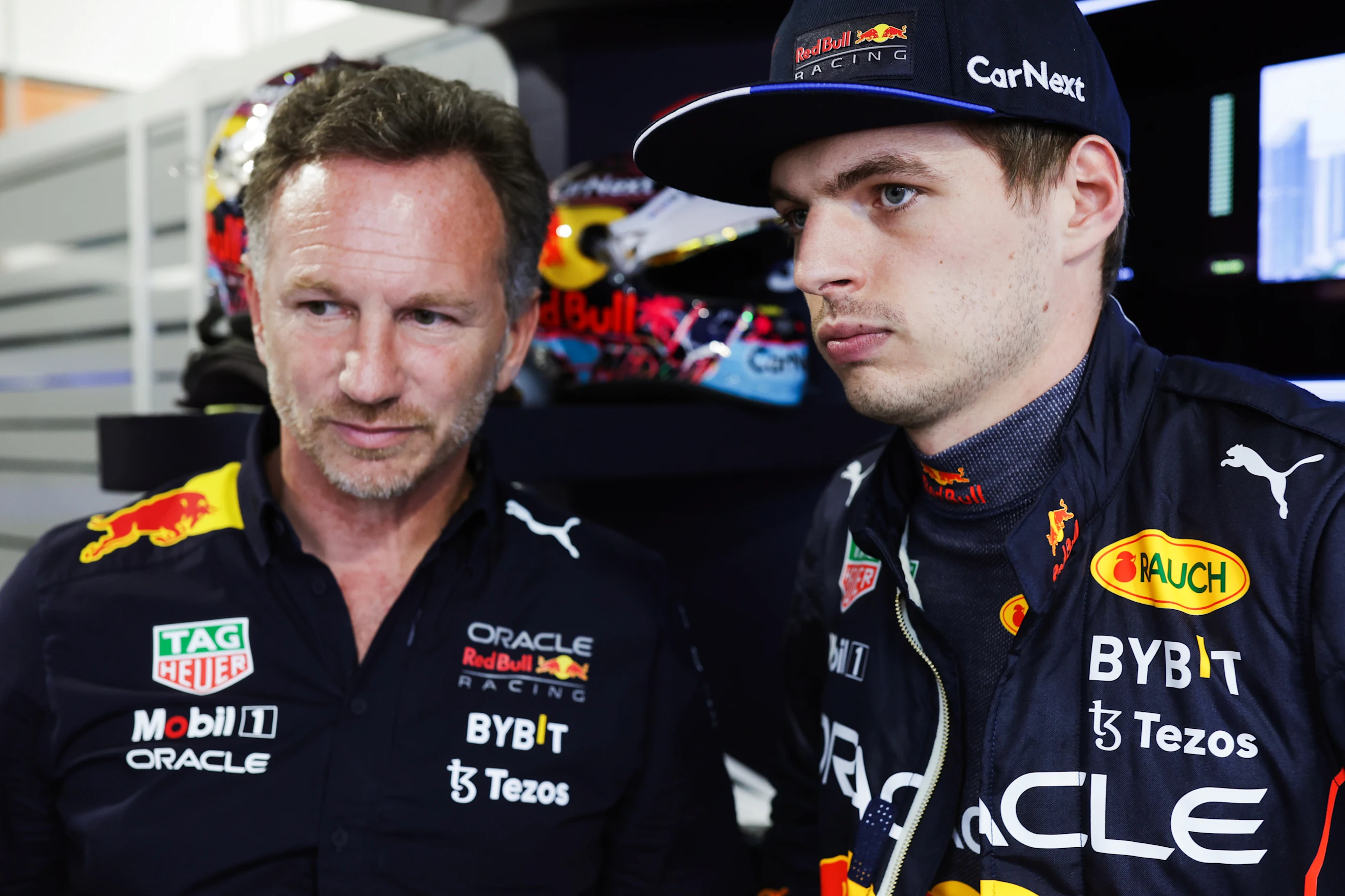 MIAMI, FLORIDA - MAY 07: Max Verstappen of the Netherlands and Oracle Red Bull Racing talks with
