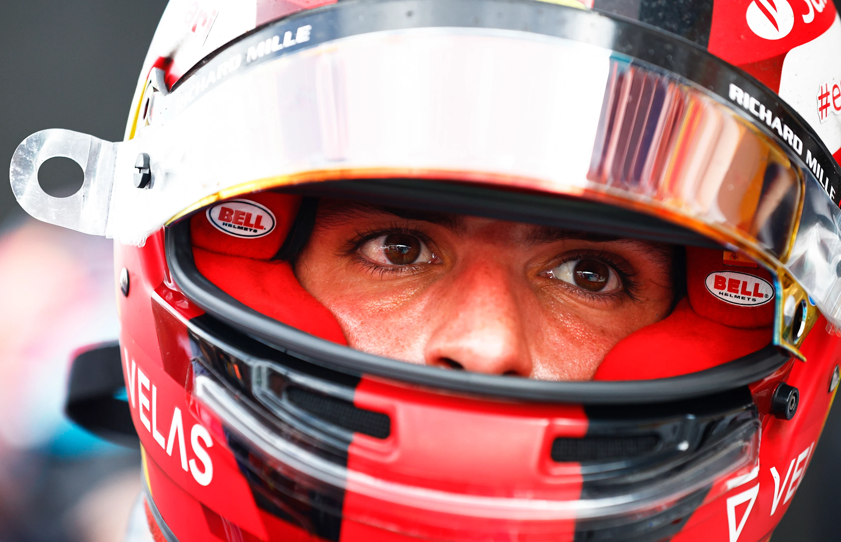 MIAMI, FLORIDA - MAY 08: Third placed Carlos Sainz of Spain and Ferrari looks on in parc ferme