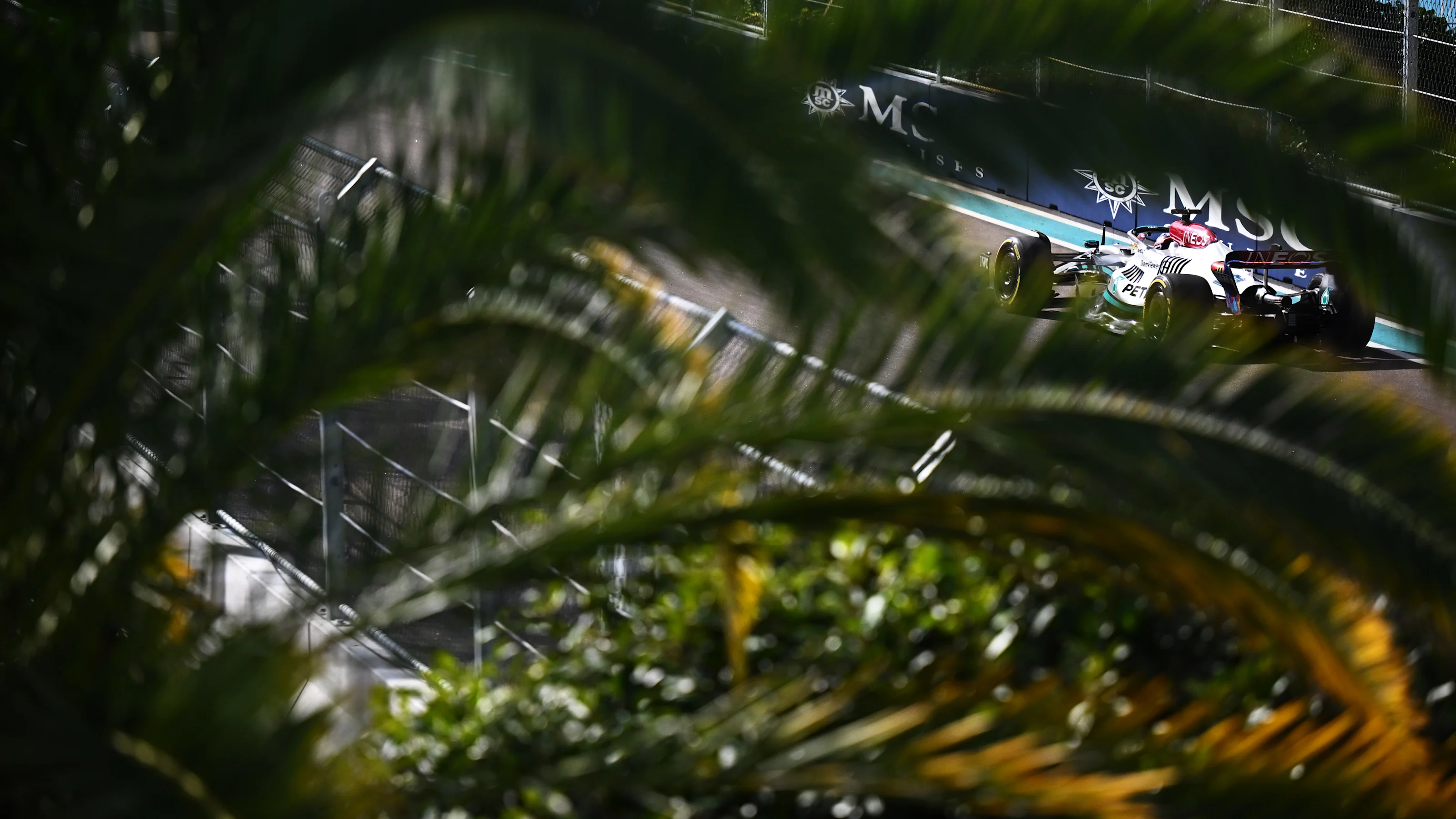 MIAMI, FLORIDA - MAY 08: George Russell of Great Britain driving the (63) Mercedes AMG Petronas F1