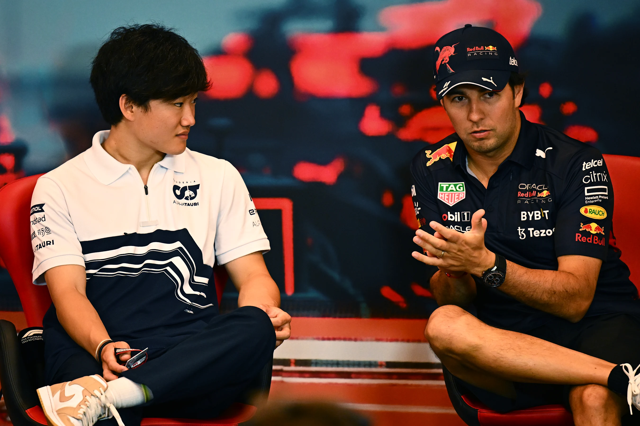 MONTE-CARLO, MONACO - MAY 27: Yuki Tsunoda of Japan and Scuderia AlphaTauri and Sergio Perez of