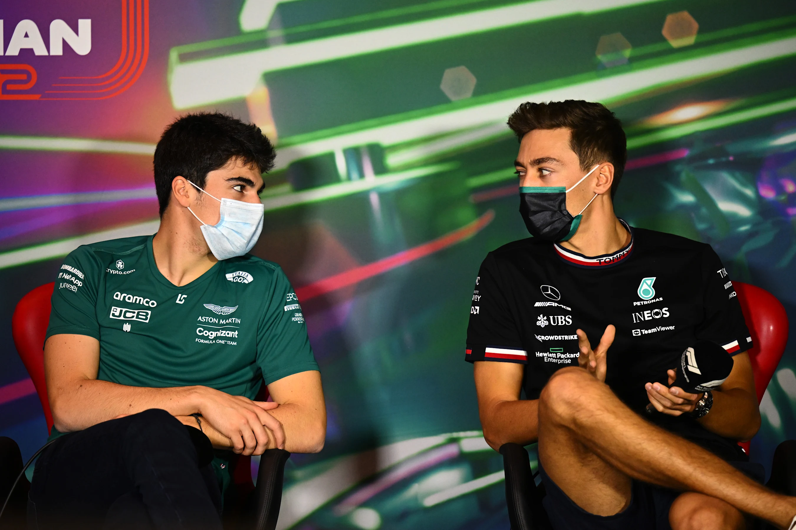 JEDDAH, SAUDI ARABIA - MARCH 25: Lance Stroll of Canada and Aston Martin F1 Team and George Russell