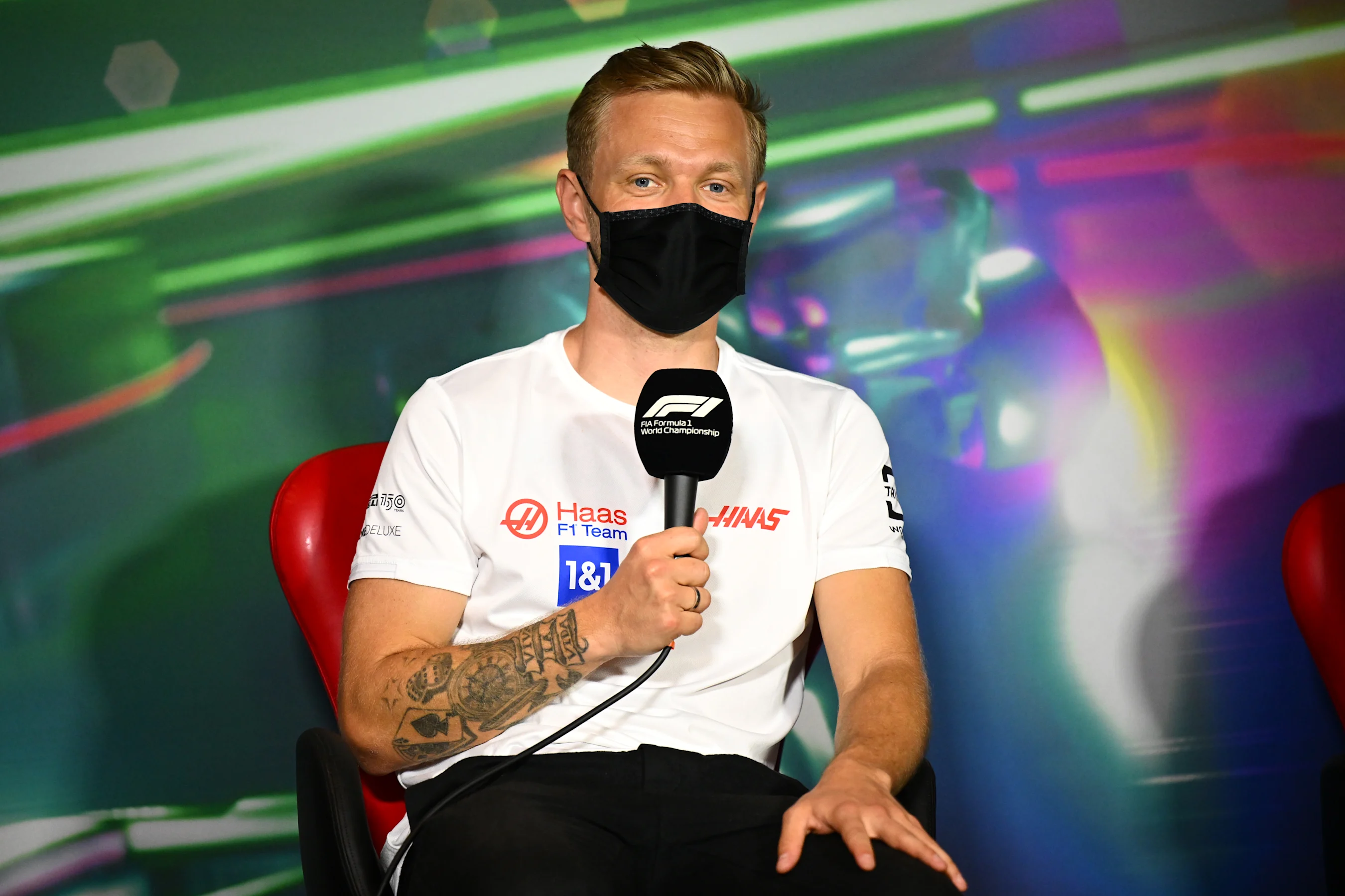 JEDDAH, SAUDI ARABIA - MARCH 25: Kevin Magnussen of Denmark and Haas F1 talks in the Drivers Press