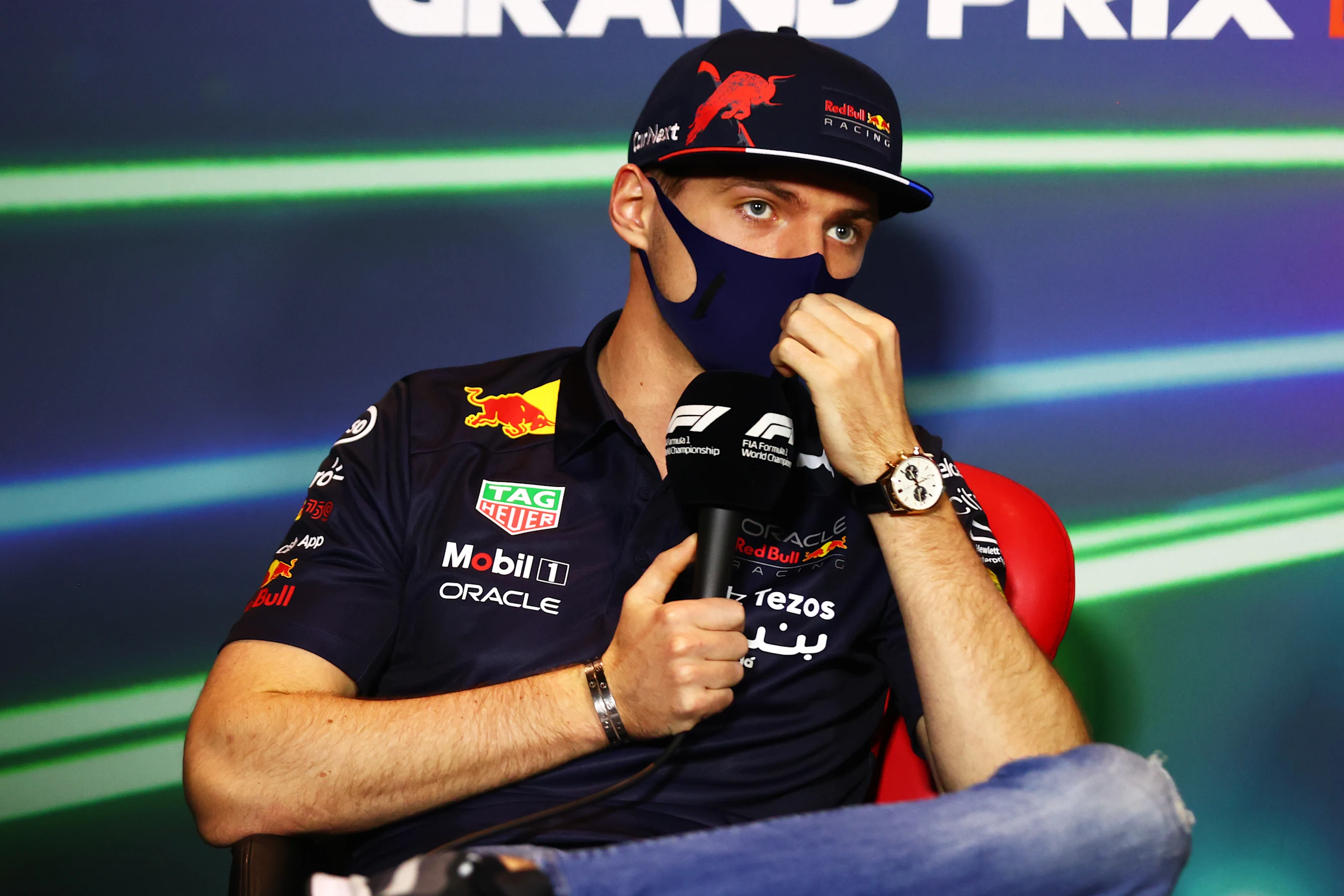 JEDDAH, SAUDI ARABIA - MARCH 25: Max Verstappen of the Netherlands and Oracle Red Bull Racing talks