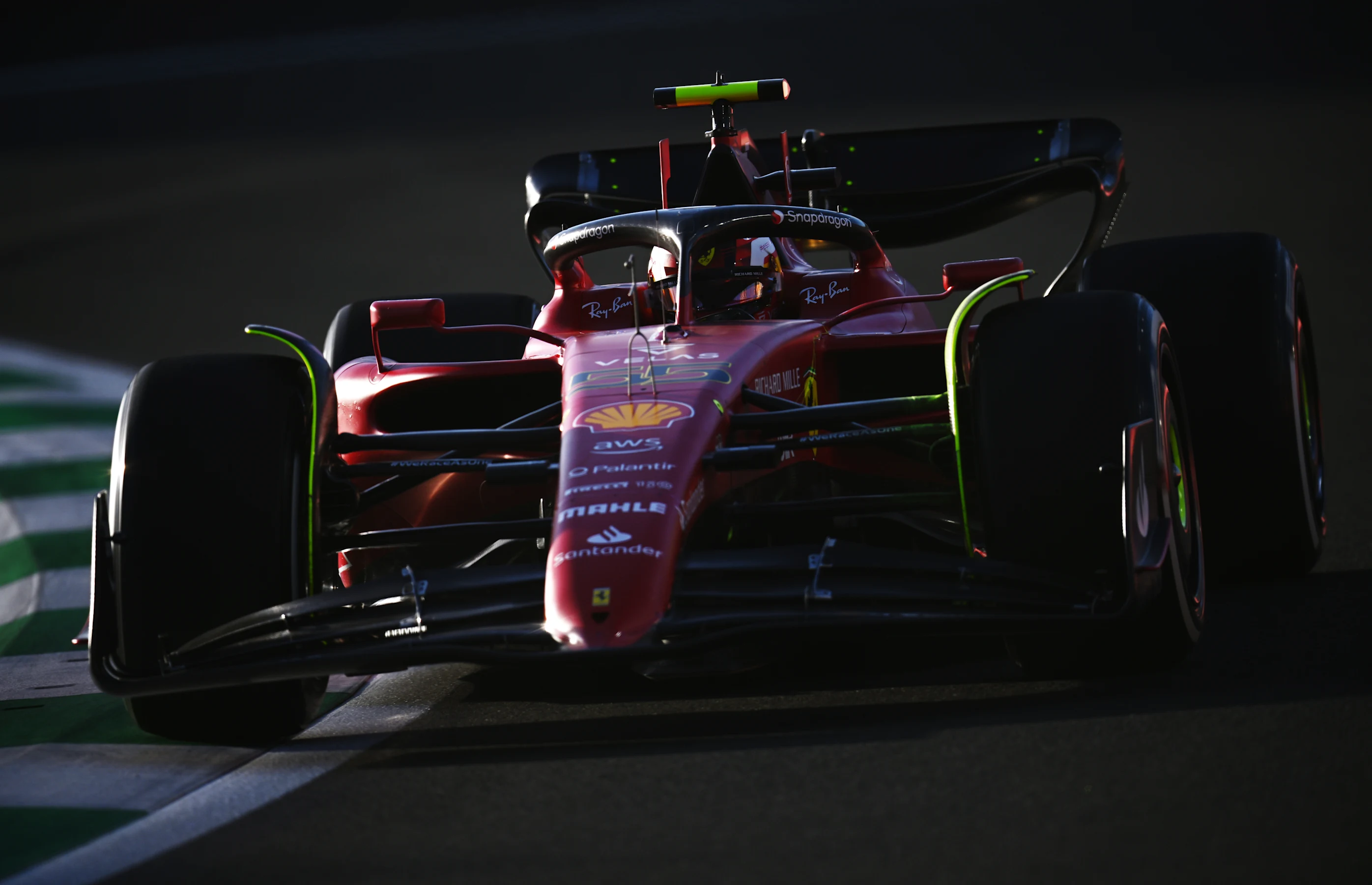 JEDDAH, SAUDI ARABIA - MARCH 25: Carlos Sainz of Spain driving (55) the Ferrari F1-75 on track