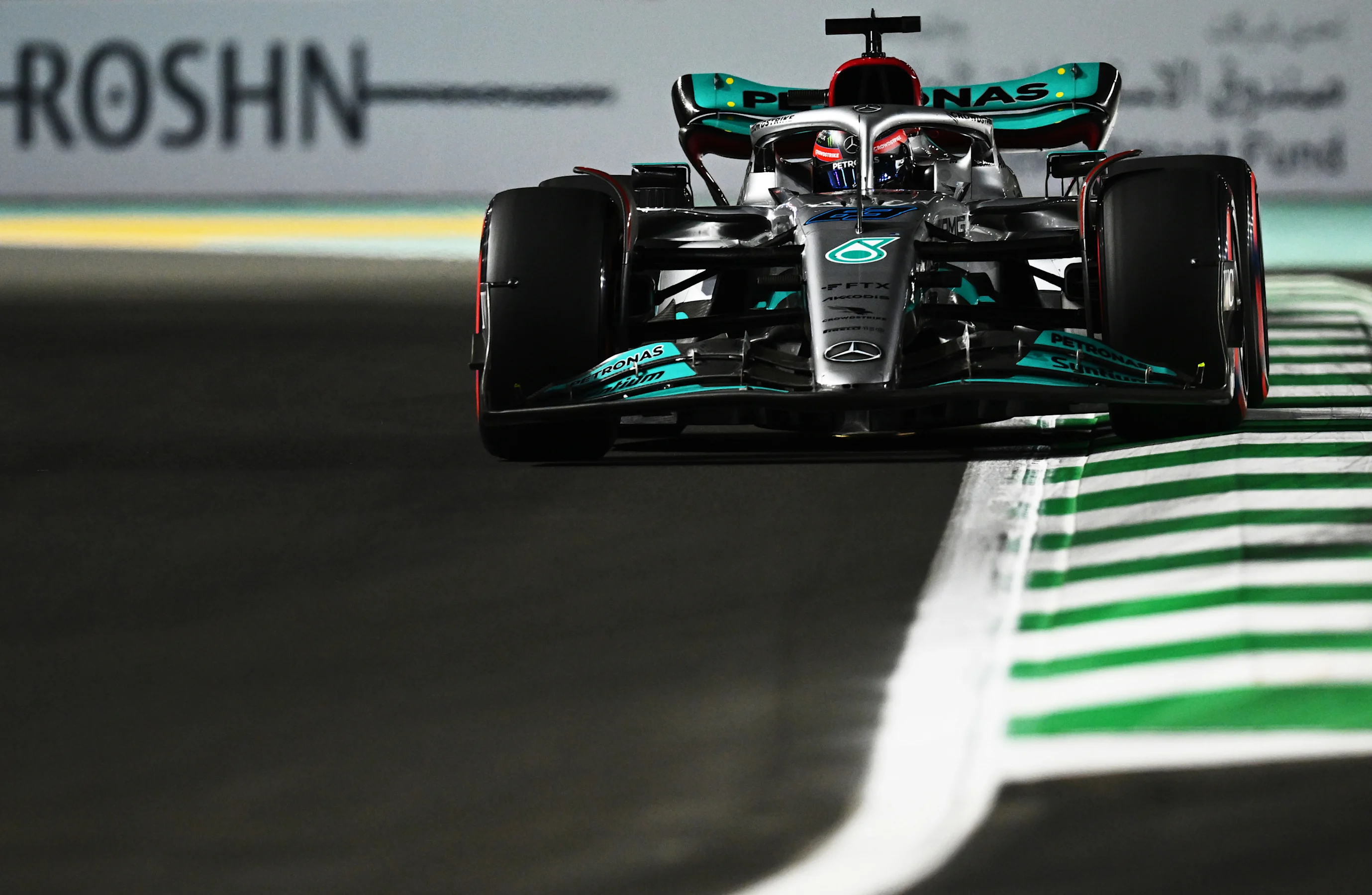 JEDDAH, SAUDI ARABIA - MARCH 26: George Russell of Great Britain driving the (63) Mercedes AMG
