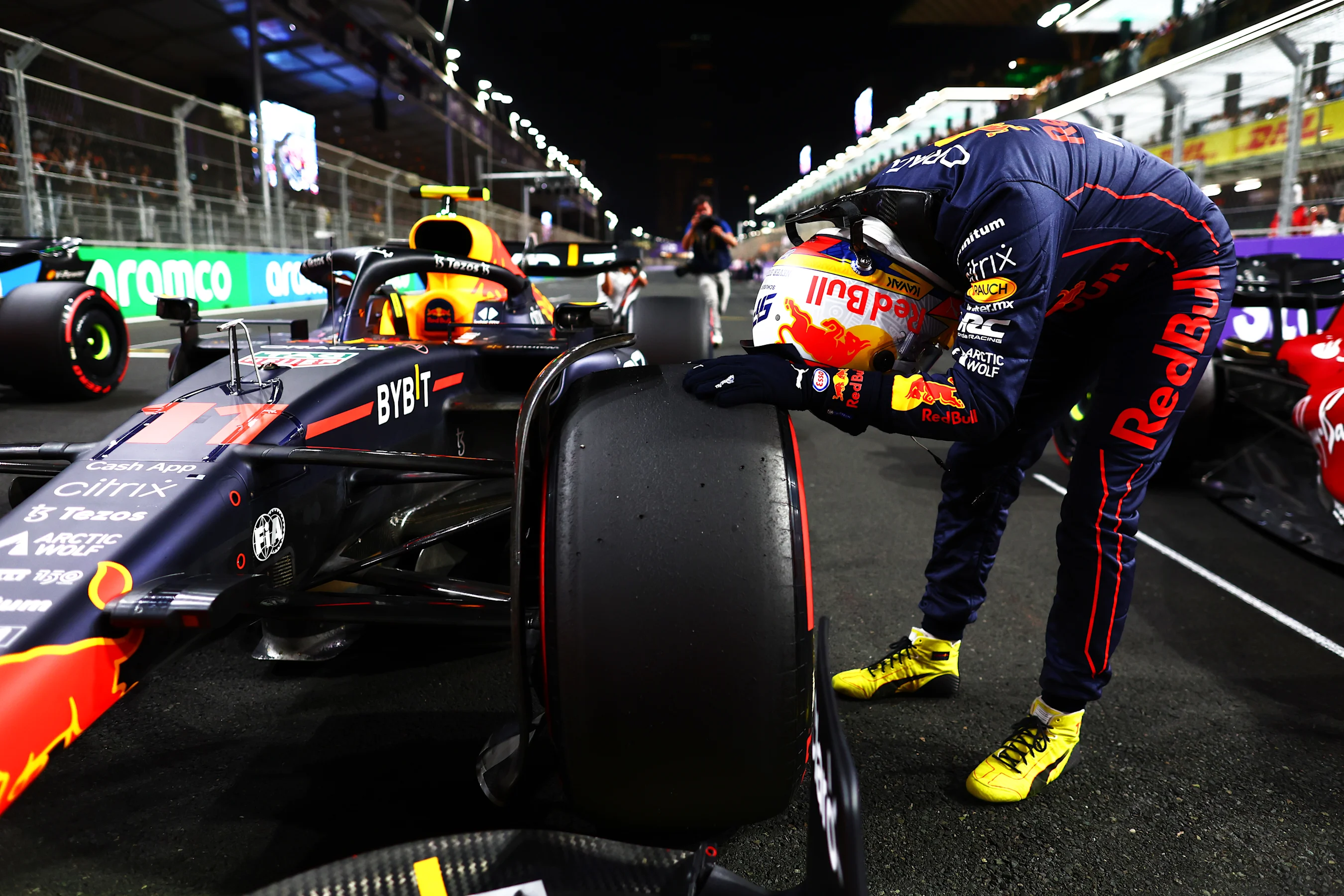 JEDDAH, SAUDI ARABIA - MARCH 26: Pole position qualifier Sergio Perez of Mexico and Oracle Red Bull