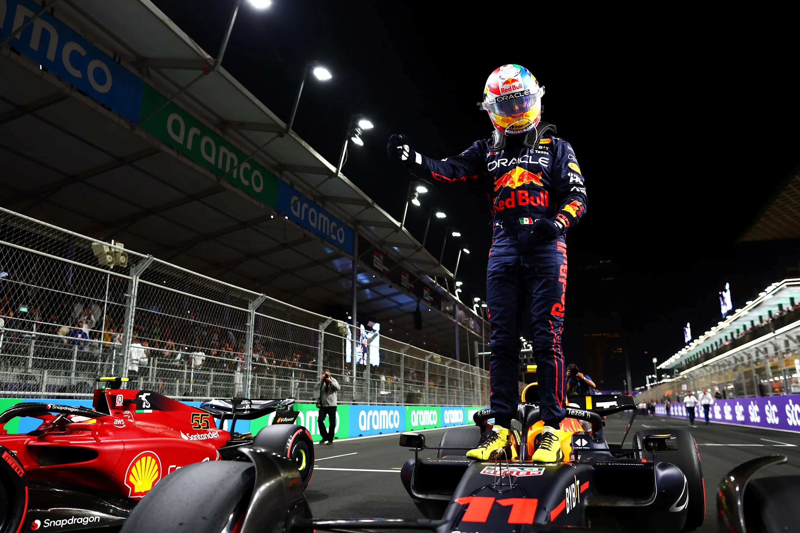 JEDDAH, SAUDI ARABIA - MARCH 26: Pole position qualifier Sergio Perez of Mexico and Oracle Red Bull