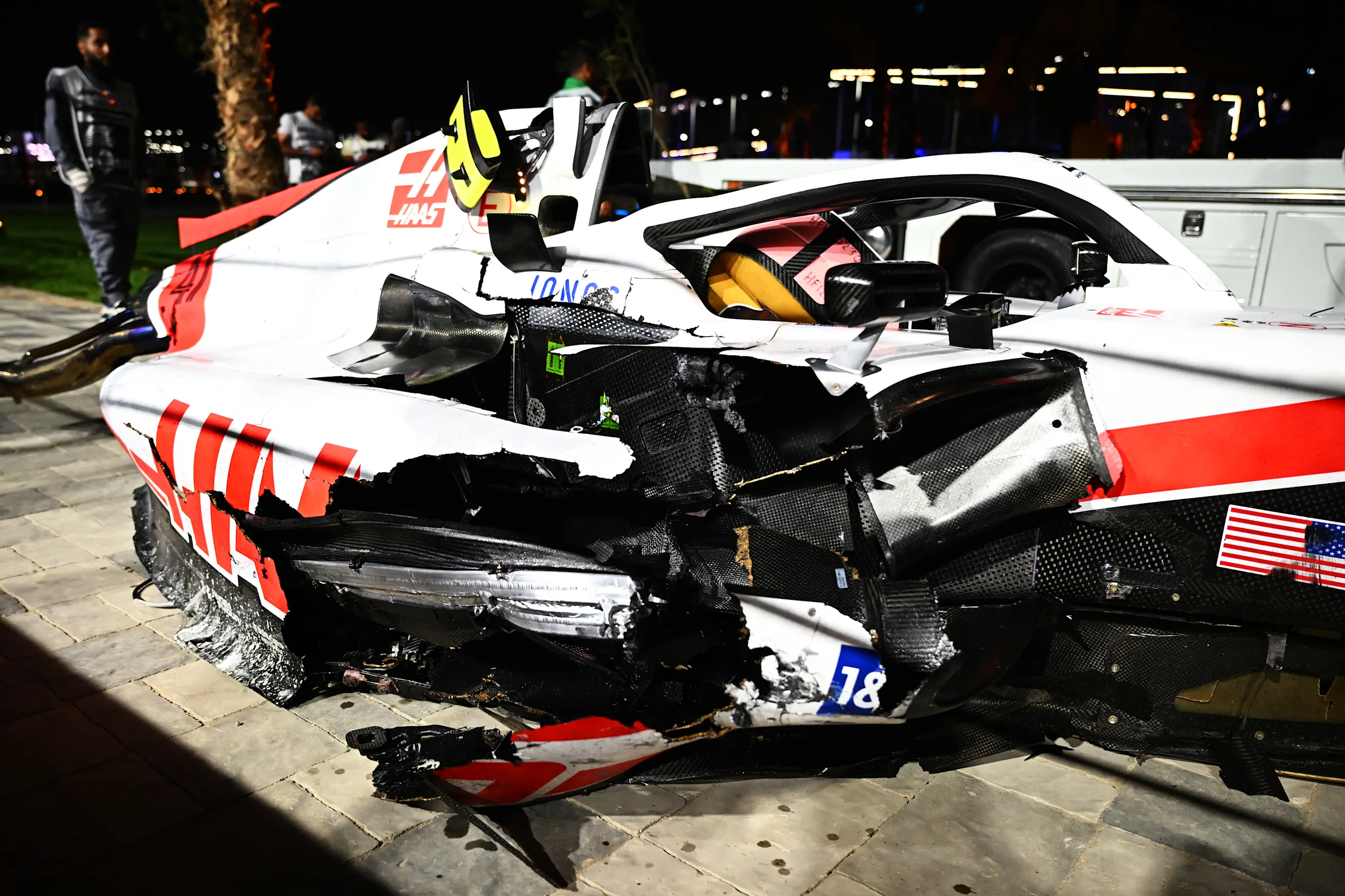 JEDDAH, SAUDI ARABIA - MARCH 26: The wrecked car of Mick Schumacher of Germany and Haas F1 is