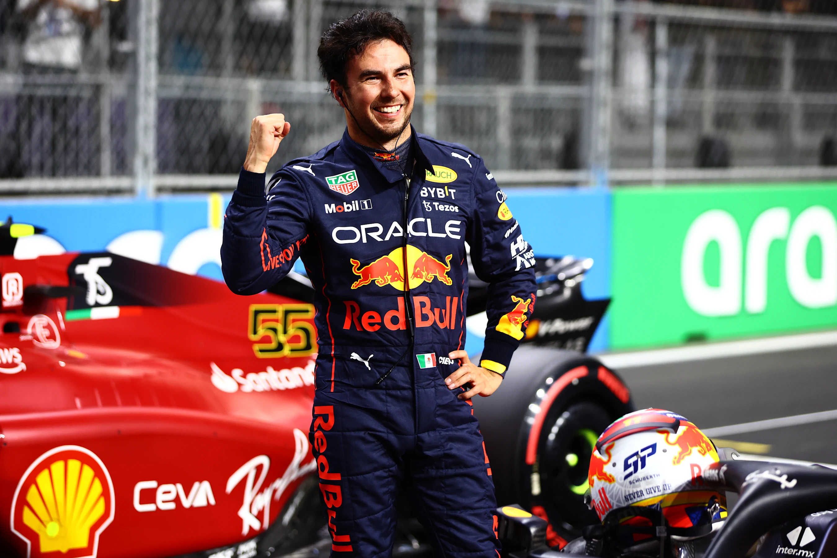 JEDDAH, SAUDI ARABIA - MARCH 26: Pole position qualifier Sergio Perez of Mexico and Oracle Red Bull