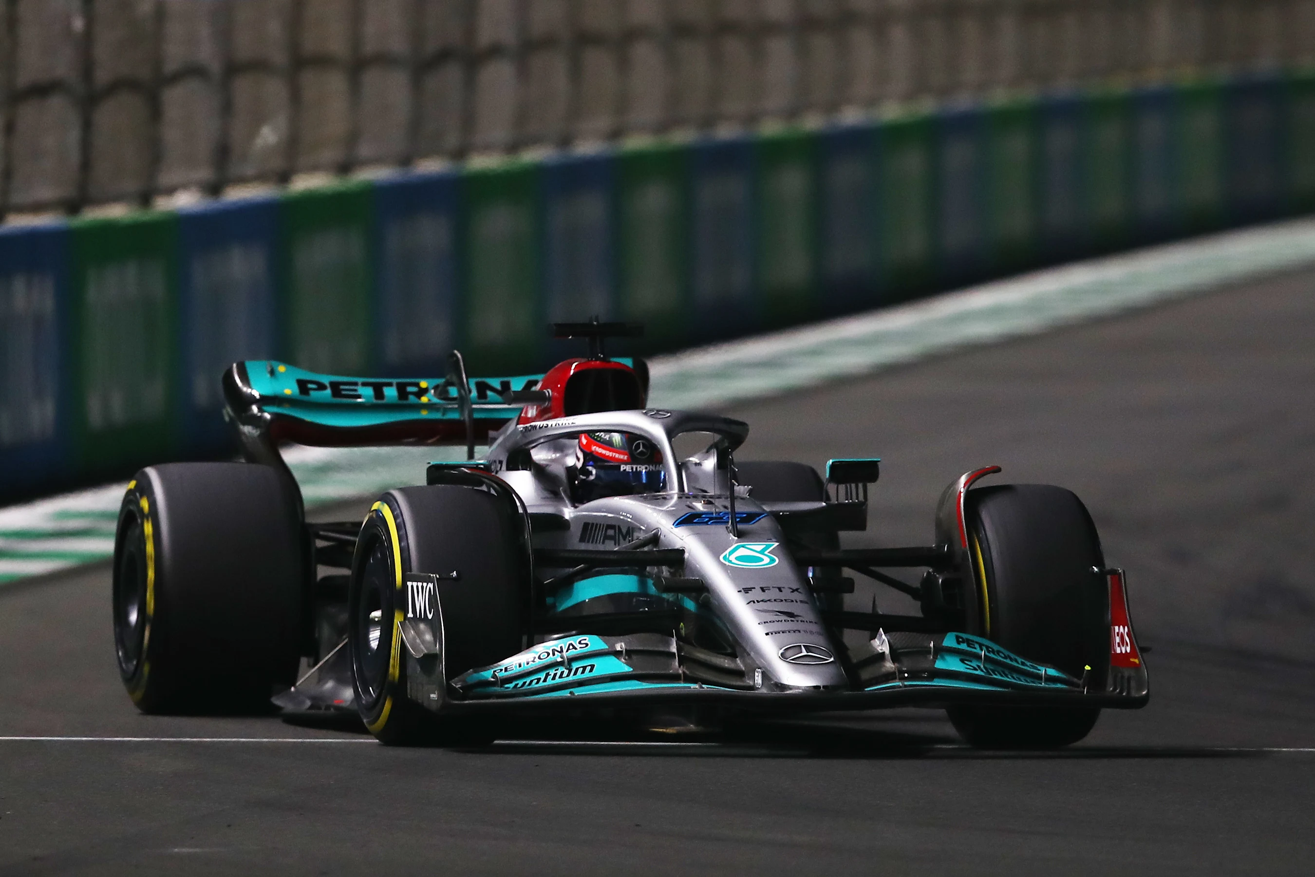 JEDDAH, SAUDI ARABIA - MARCH 27: George Russell of Great Britain driving the (63) Mercedes AMG
