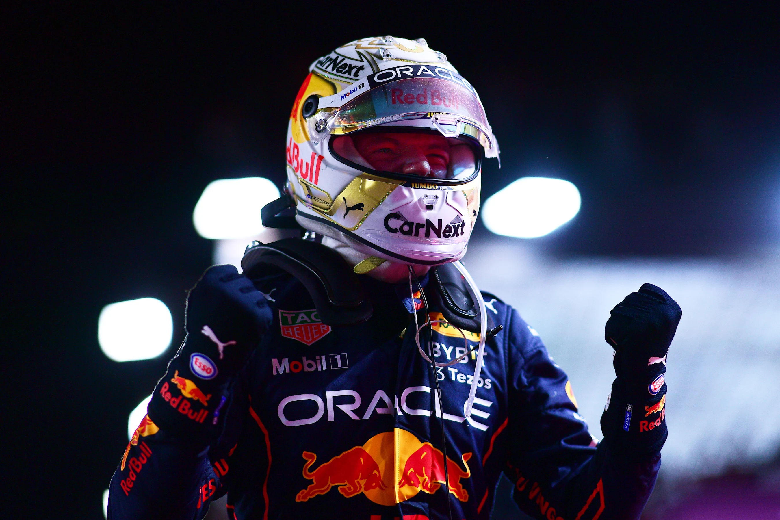 JEDDAH, SAUDI ARABIA - MARCH 27: Race winner Max Verstappen of the Netherlands and Oracle Red Bull