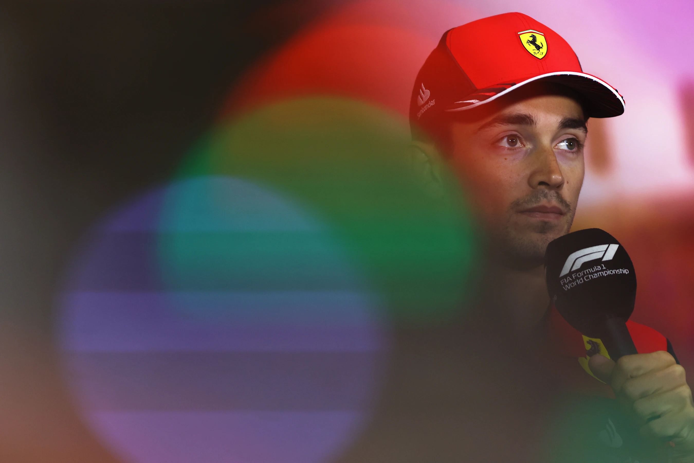 BARCELONA, SPAIN - MAY 20: Charles Leclerc of Monaco and Ferrari talks in the Drivers Press