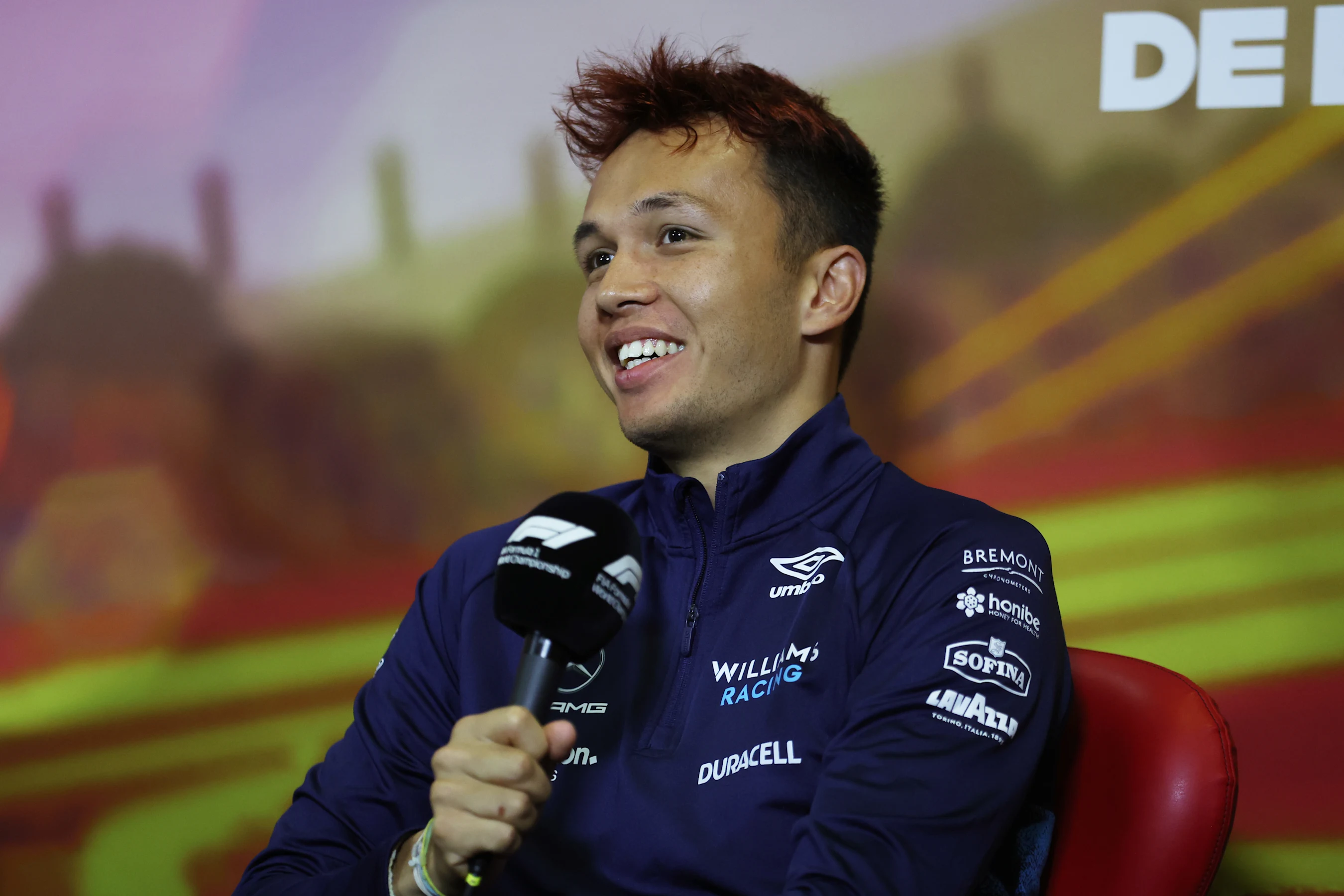 BARCELONA, SPAIN - MAY 20: Alexander Albon of Thailand and Williams talks in the Drivers Press