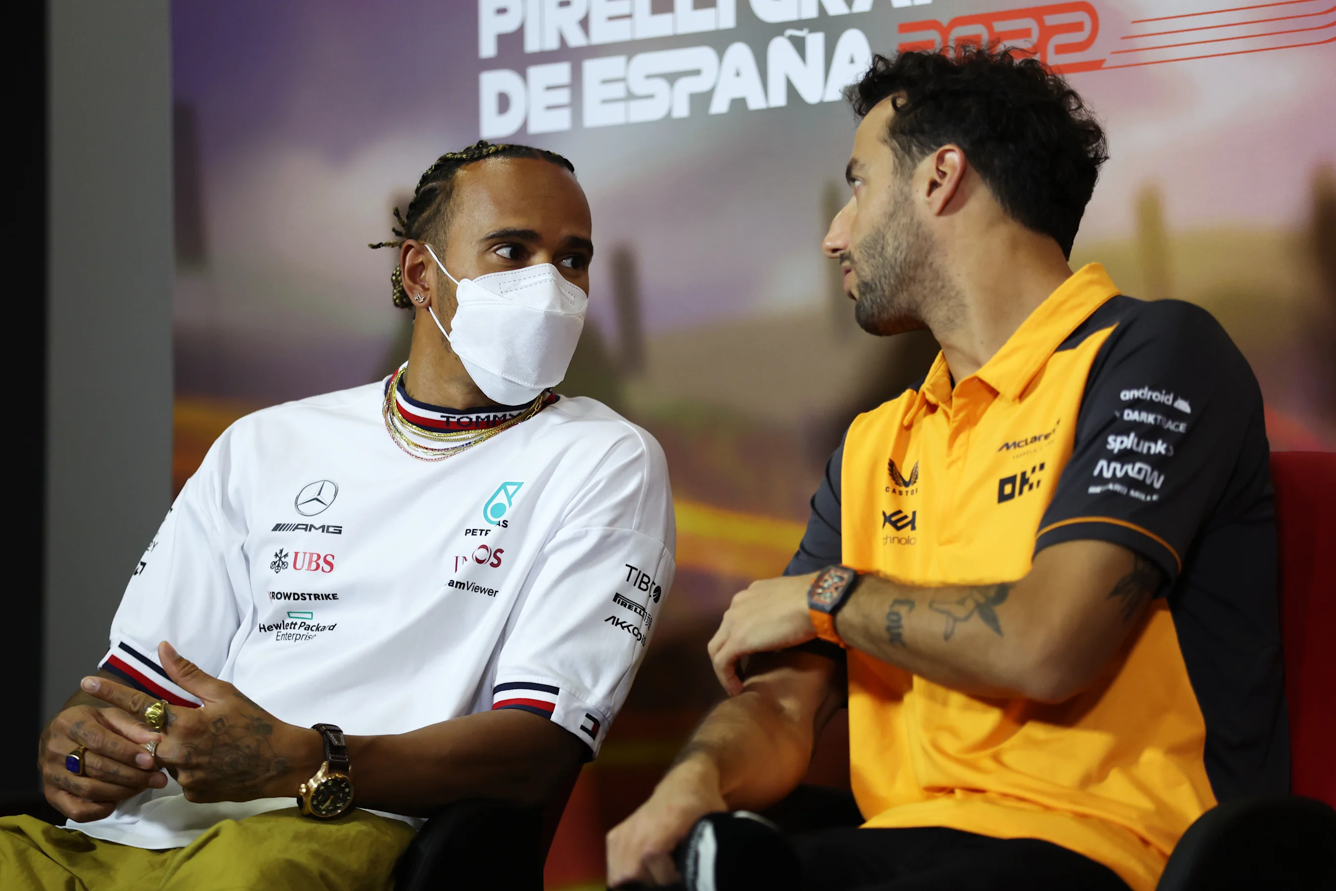 BARCELONA, SPAIN - MAY 20: Lewis Hamilton of Great Britain and Mercedes and Daniel Ricciardo of