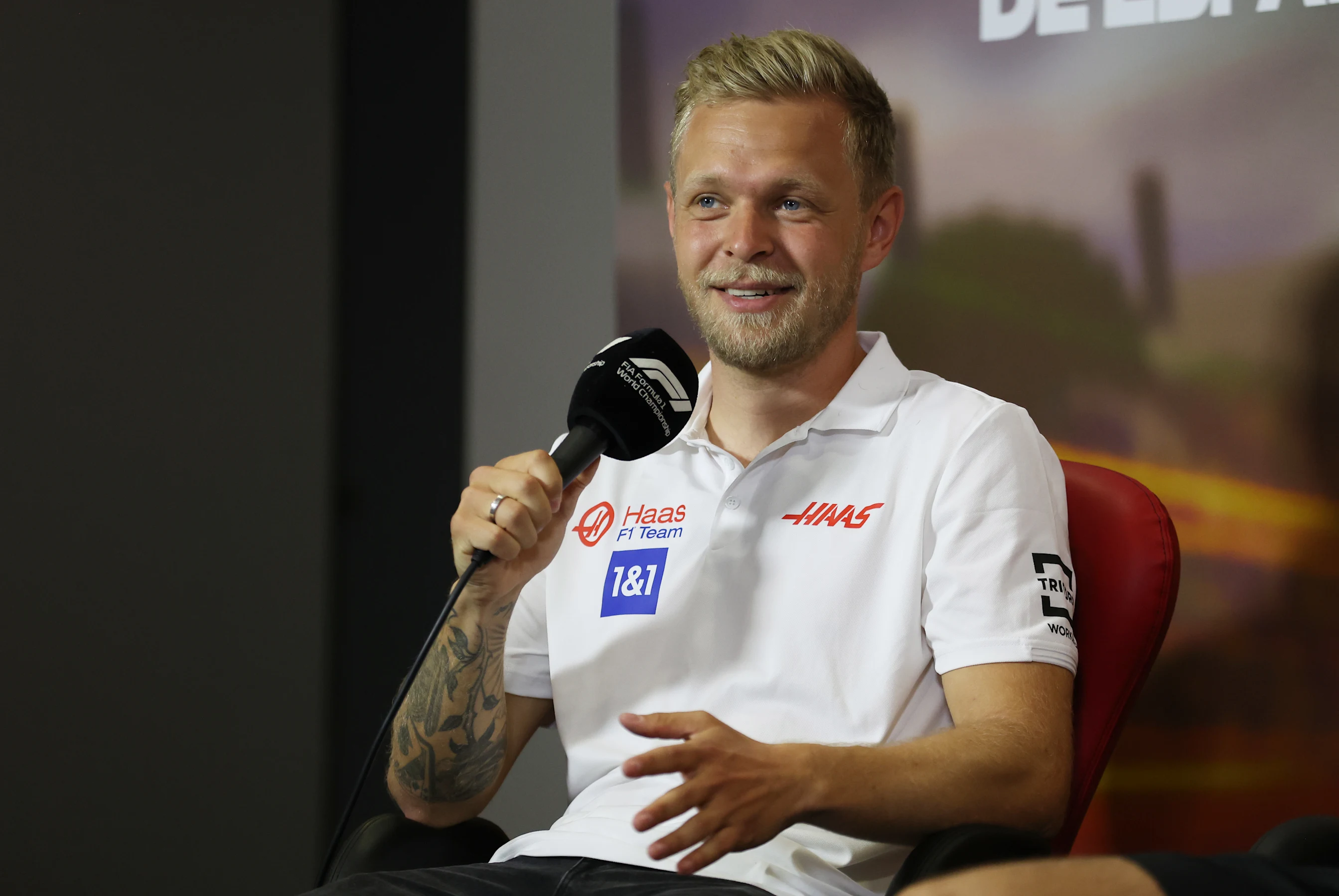 BARCELONA, SPAIN - MAY 20: Kevin Magnussen of Denmark and Haas F1 talks in the Drivers Press