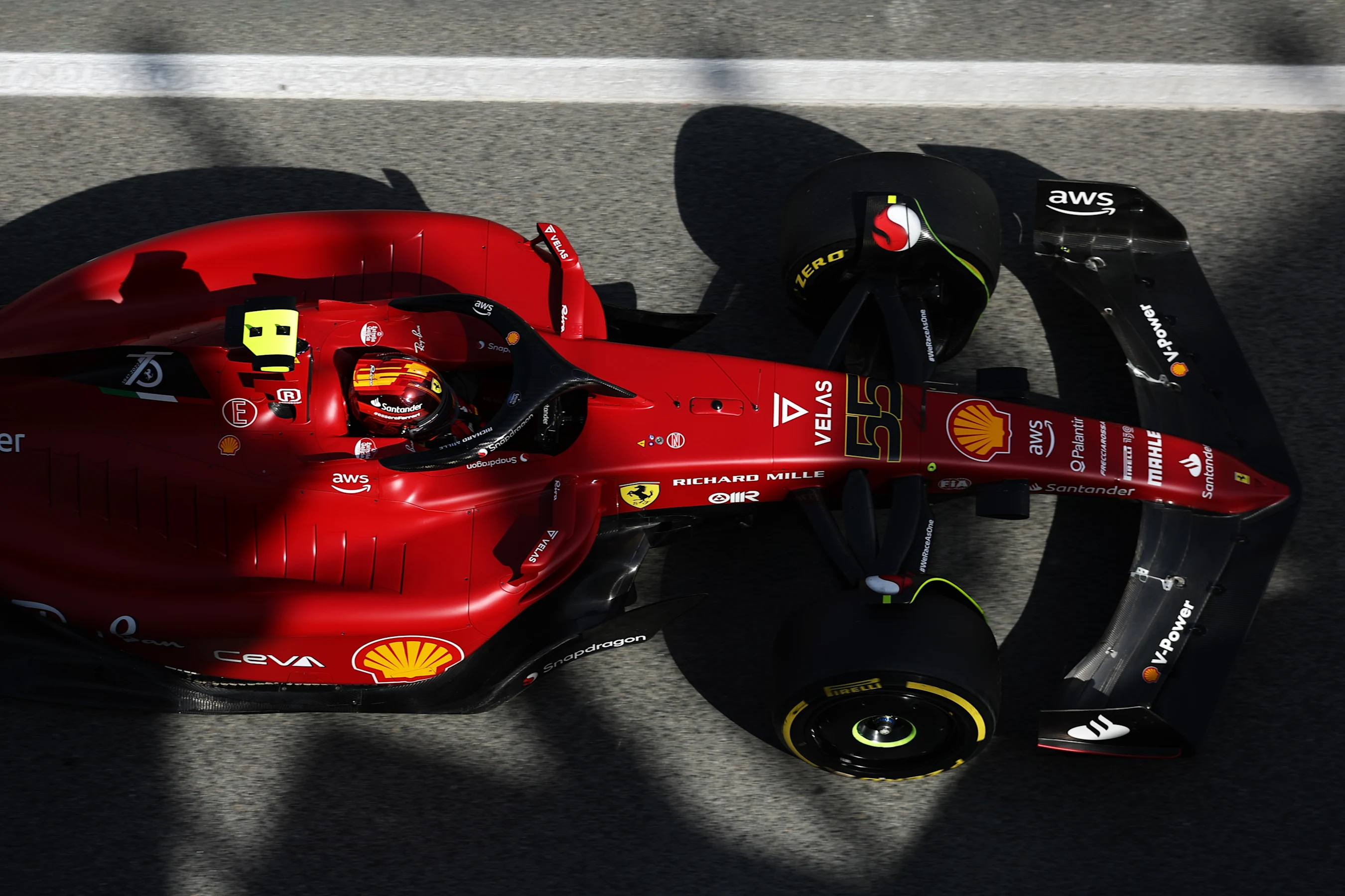 BARCELONA, SPAIN - MAY 20: Carlos Sainz of Spain driving (55) the Ferrari F1-75  during practice