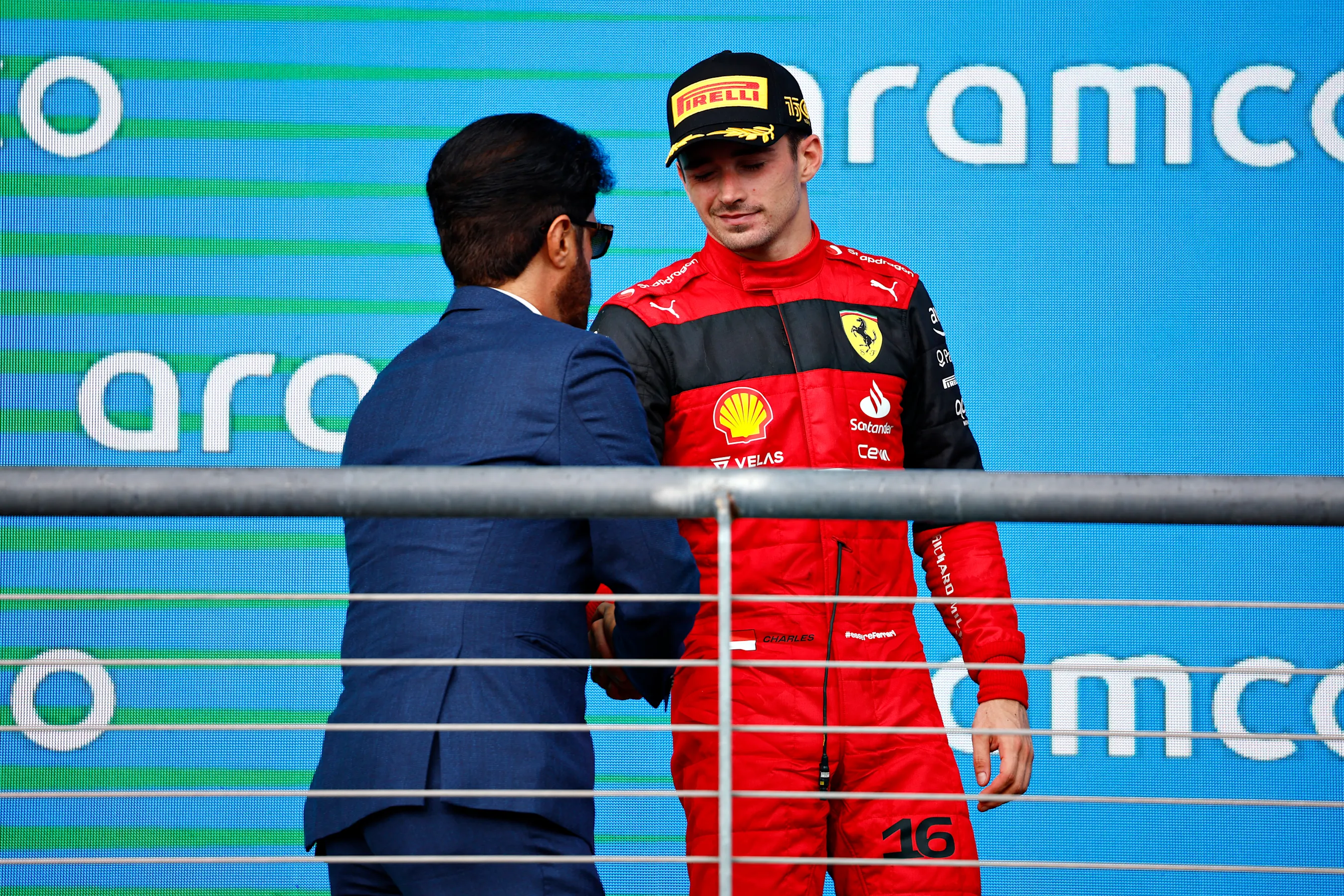 AUSTIN, TEXAS - OCTOBER 23: Third placed Charles Leclerc of Monaco and Ferrari celebrates on the