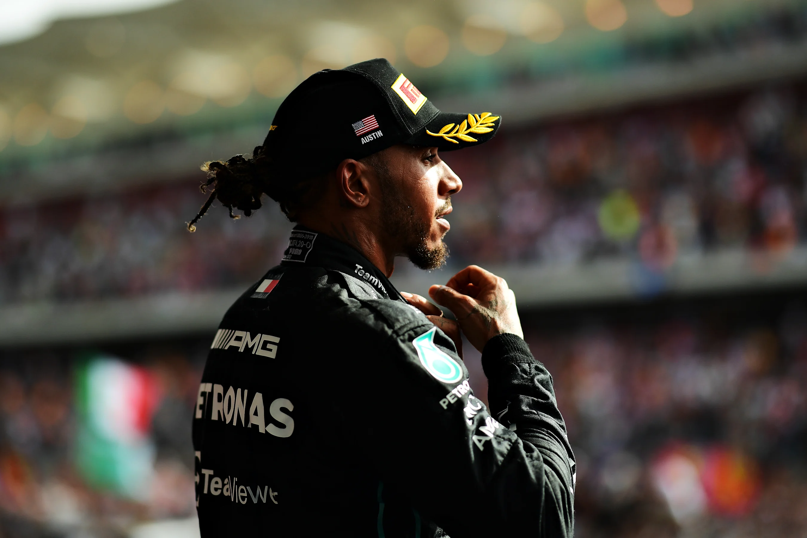 AUSTIN, TEXAS - OCTOBER 23: Second placed Lewis Hamilton of Great Britain and Mercedes celebrates