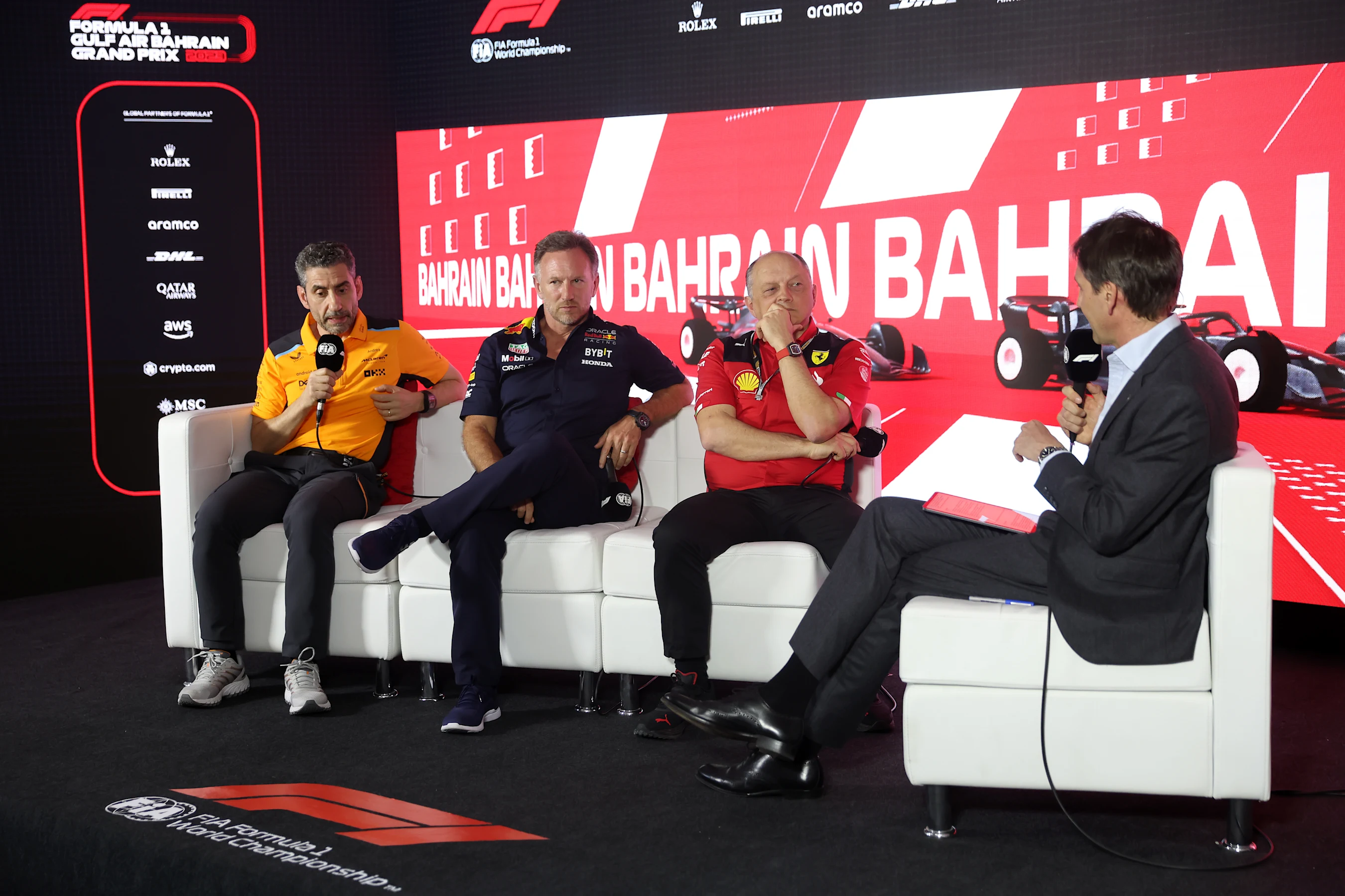 BAHRAIN, BAHRAIN - MARCH 03: (L-R) McLaren Team Principal Andrea Stella, Red Bull Racing Team