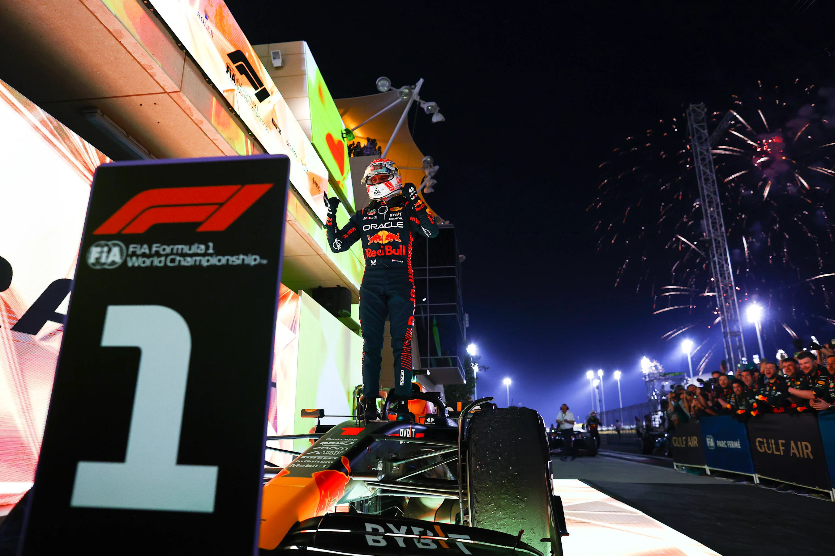 BAHRAIN, BAHRAIN - MARCH 05: Race winner Max Verstappen of the Netherlands and Oracle Red Bull