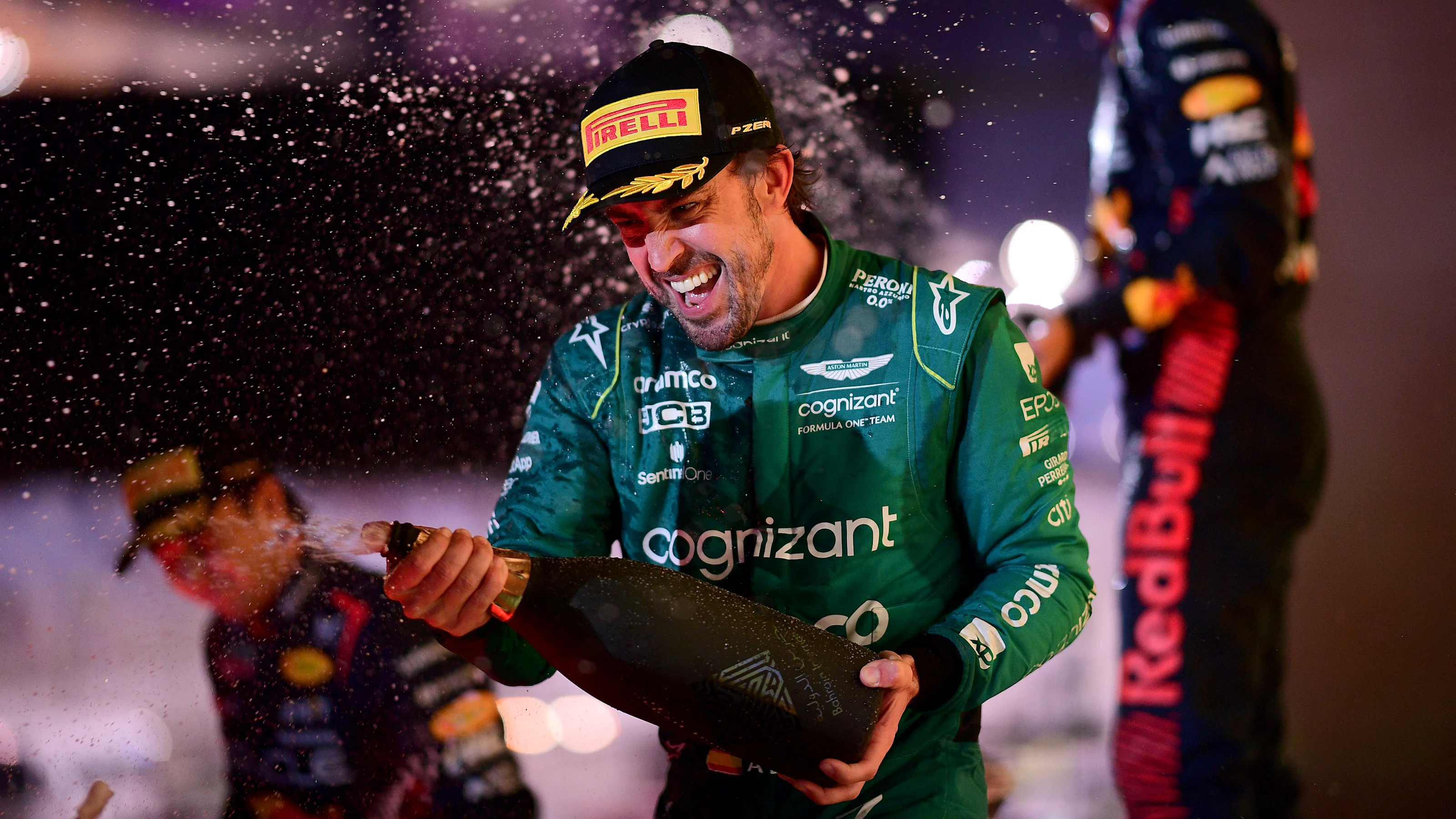 BAHRAIN, BAHRAIN - MARCH 05: Third placed Fernando Alonso of Spain and Aston Martin F1 Team