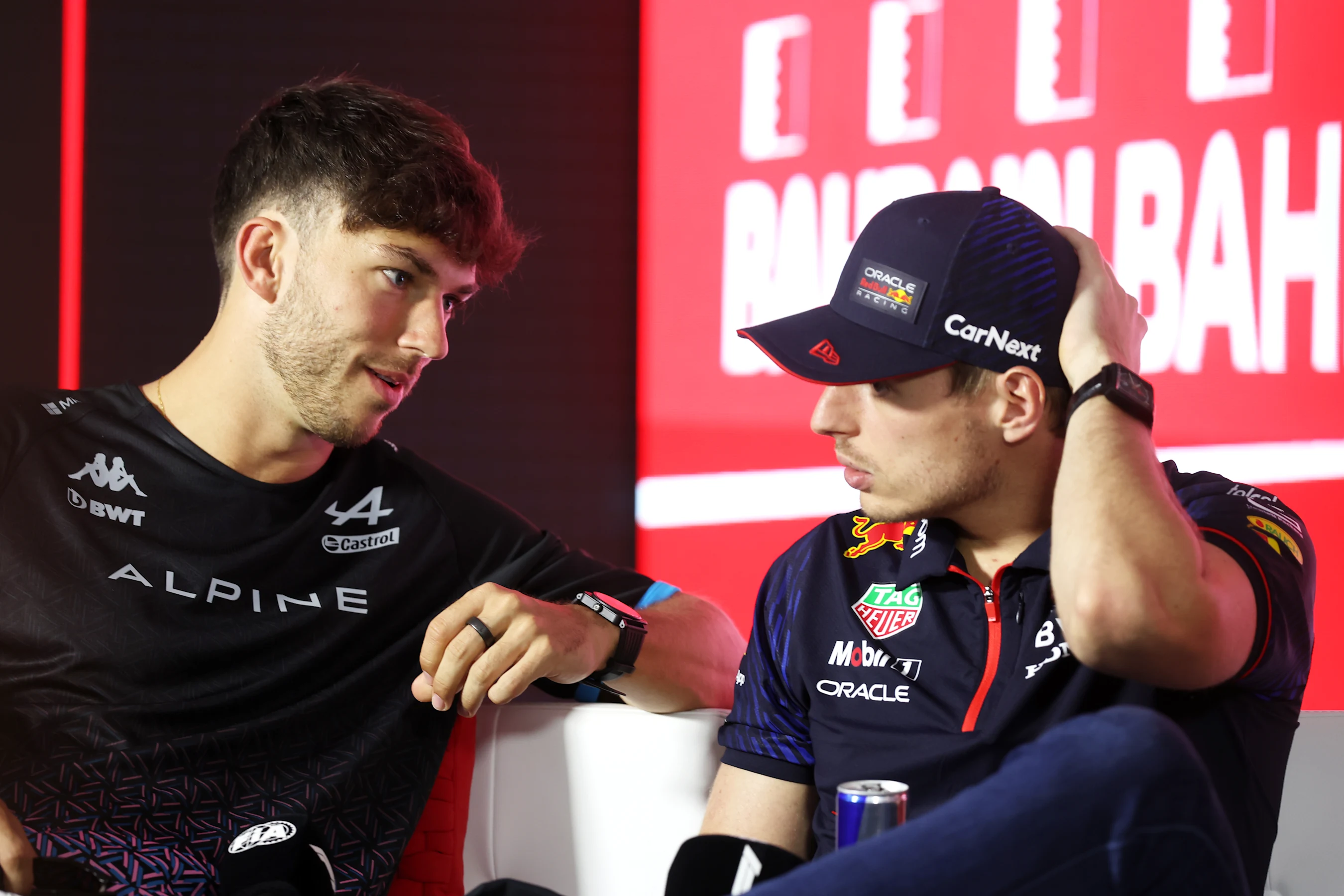 BAHRAIN, BAHRAIN - MARCH 02: Pierre Gasly of France and Alpine F1 and Max Verstappen of the