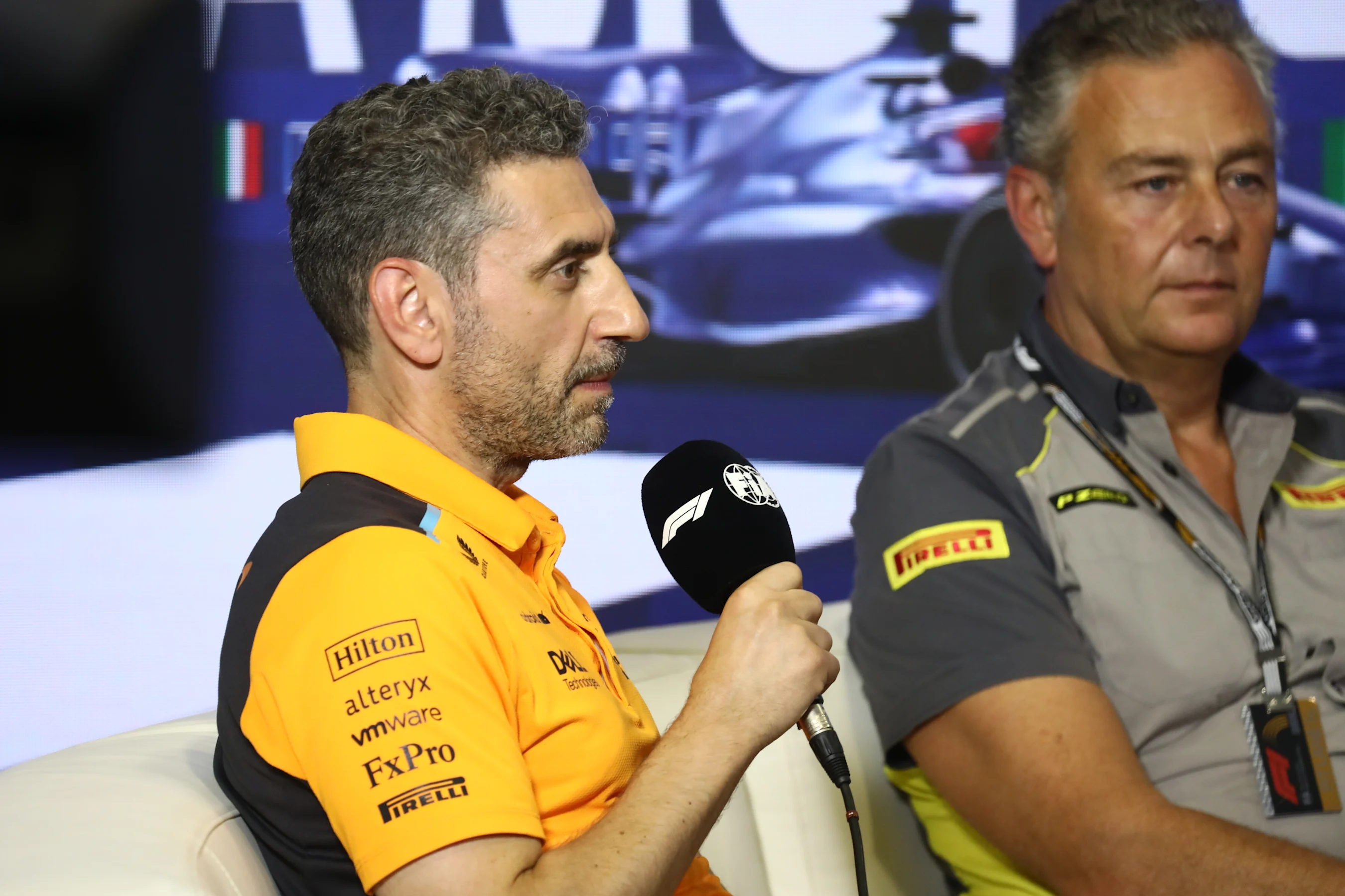 Andrea Stella and Mario Isola during press conference ahead of the Formula 1 Italian Grand Prix at