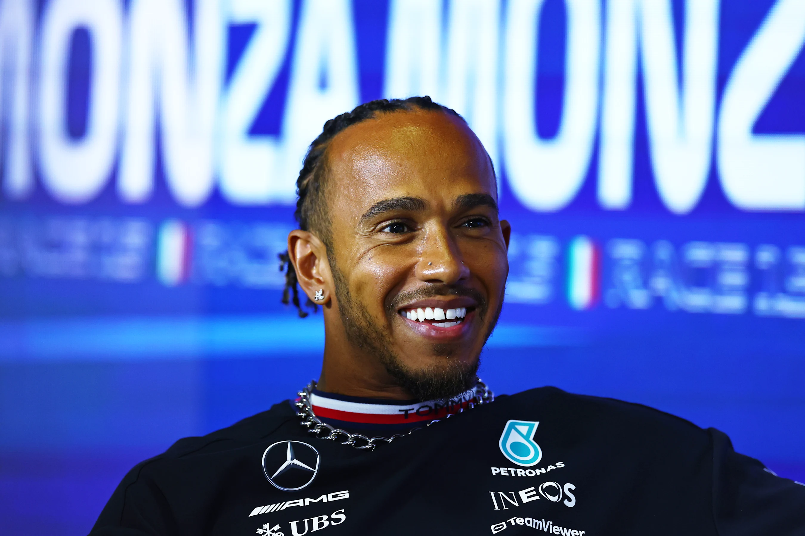 MONZA, ITALY - AUGUST 31: Lewis Hamilton of Great Britain and Mercedes attends the Drivers Press