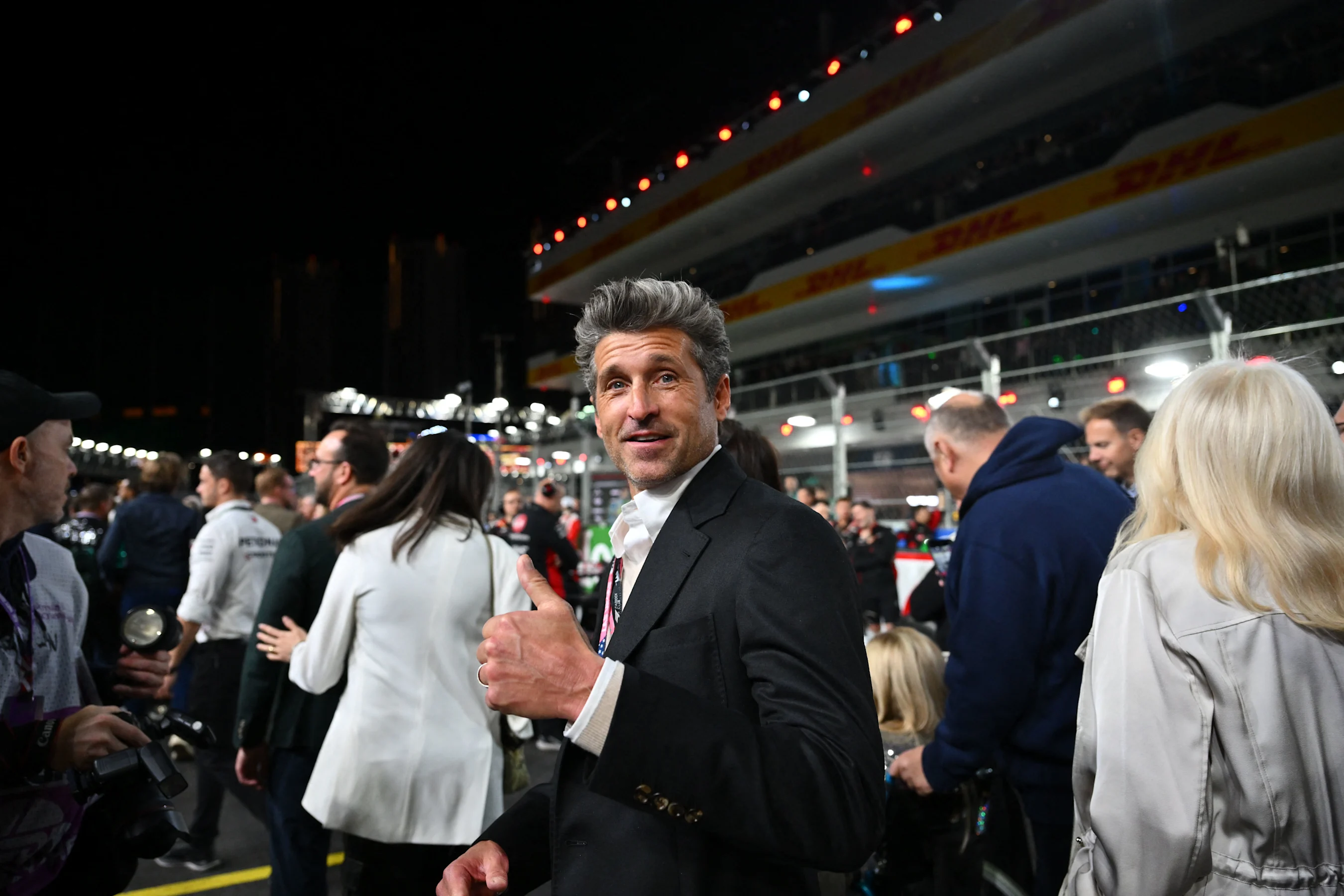 Actor Patrick Dempsey tours the grid before the start of the Las Vegas Formula One Grand Prix on
